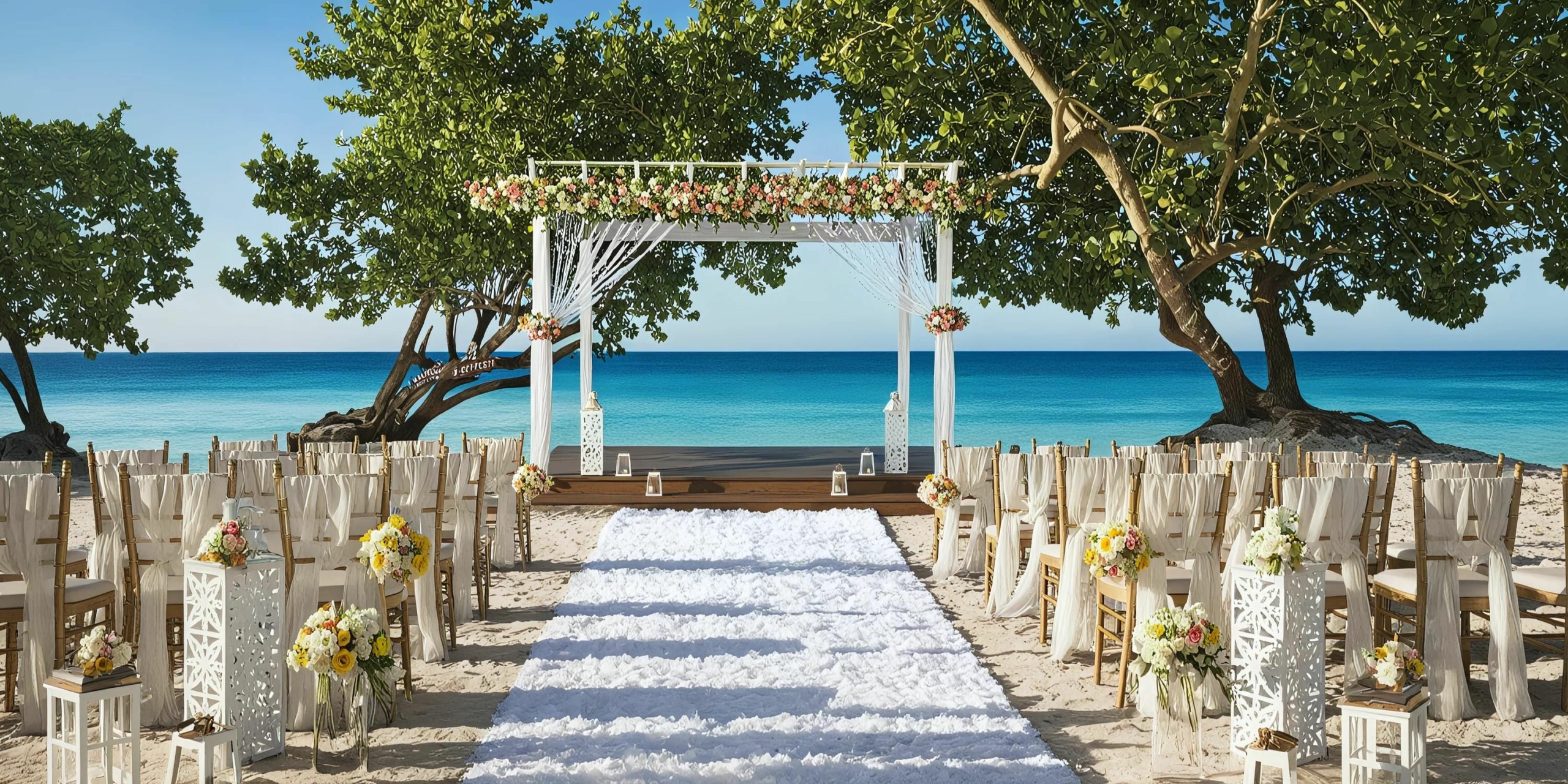 A beachside wedding setup with a white floral aisle leading to a decorated arch, surrounded by chairs and floral arrangements, against a backdrop of trees and a calm ocean.
