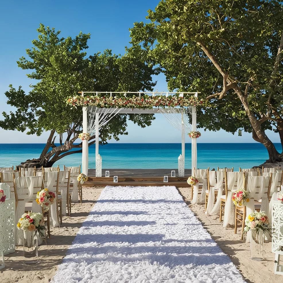 A beachfront wedding setup with a white flower-petal aisle, decorated arch, and chairs with floral arrangements, all facing the ocean. Trees frame the scene under a clear blue sky.