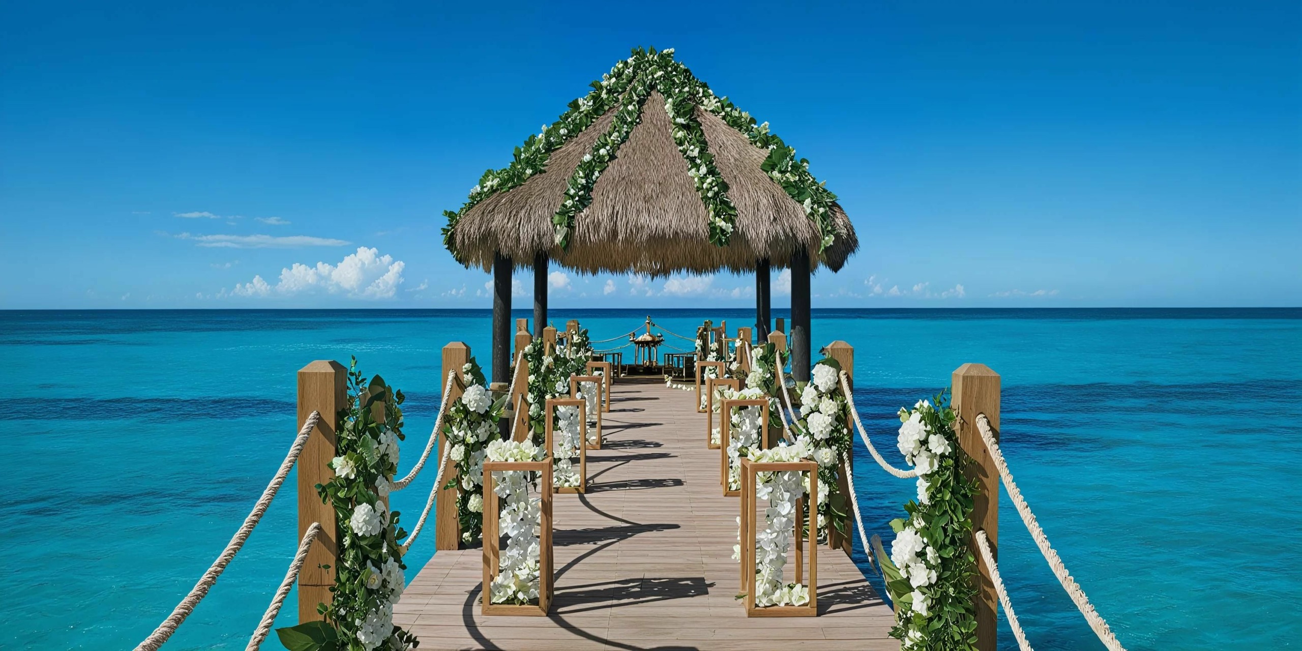 A thatched-roof gazebo on a pier extends over clear blue water, decorated with white flowers and greenery.