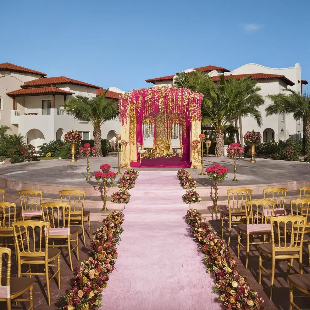 Outdoor wedding ceremony setup with a central stage adorned with flowers under a pink canopy, aligned with a flower-bordered aisle and surrounded by golden chairs, against a backdrop of Mediterranean-style buildings.