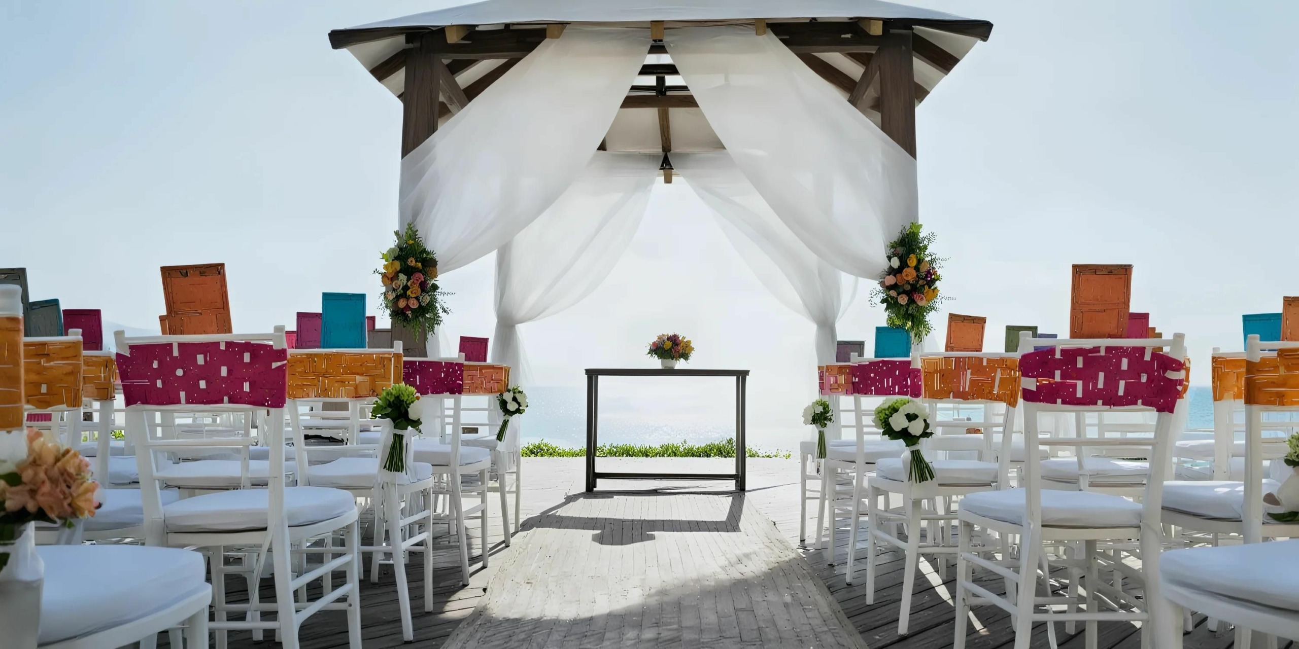 A Dreams Vallarta Bay outdoor wedding setup featuring a wooden altar draped with white fabric. Rows of white chairs adorned with colorful ribbons and small flower arrangements line the aisle.