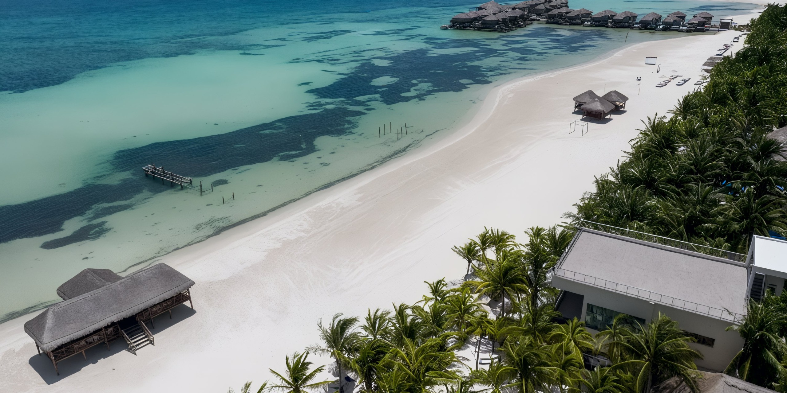 Experience the breathtaking aerial view of El Dorado Maroma, featuring a tropical beach with pristine white sand, shimmering turquoise water, charming overwater bungalows, and lush palm trees.
