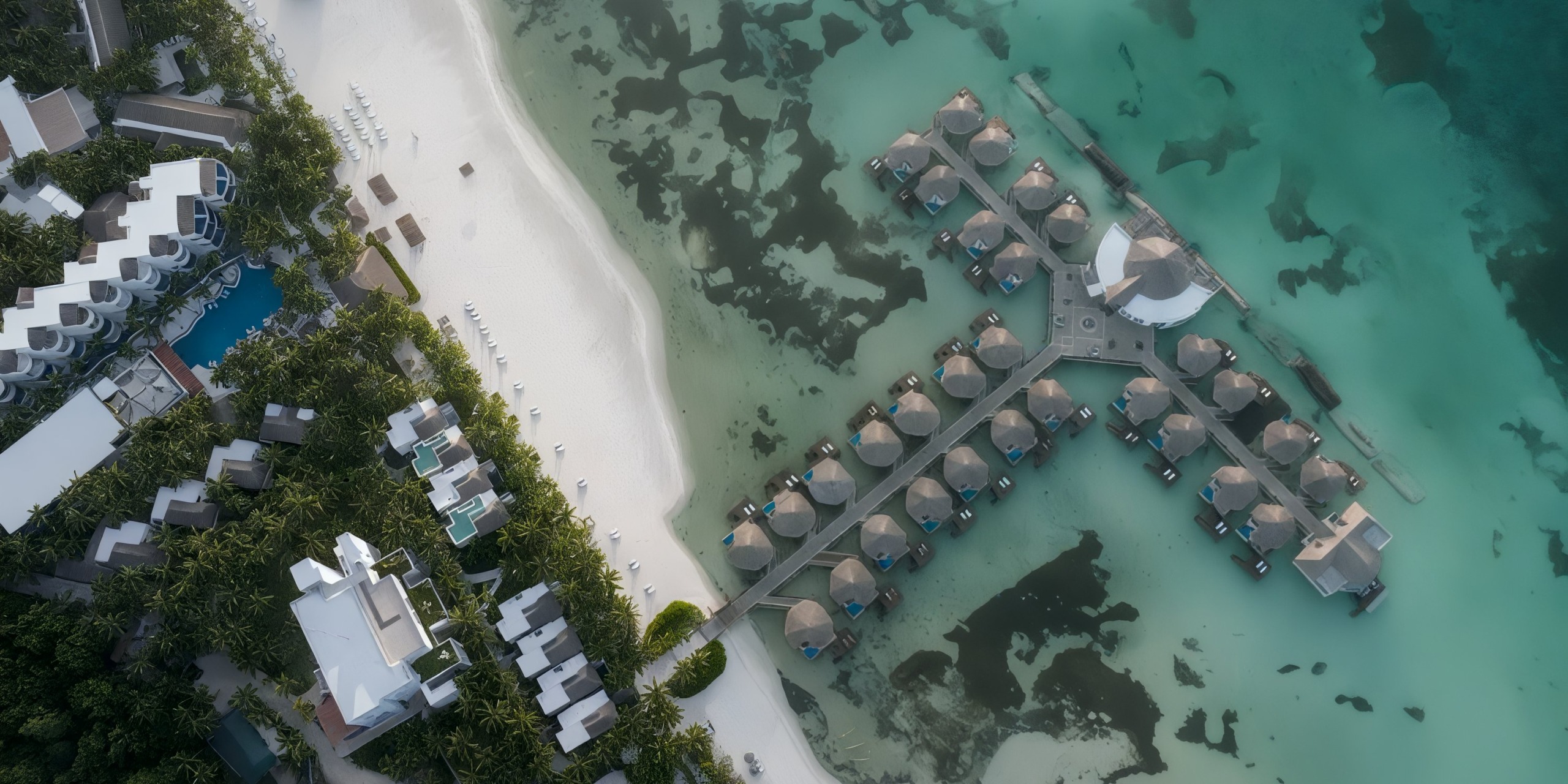 Aerial view of El Dorado Maroma, a beach resort featuring overwater bungalows and a white sandy beach surrounded by turquoise sea.