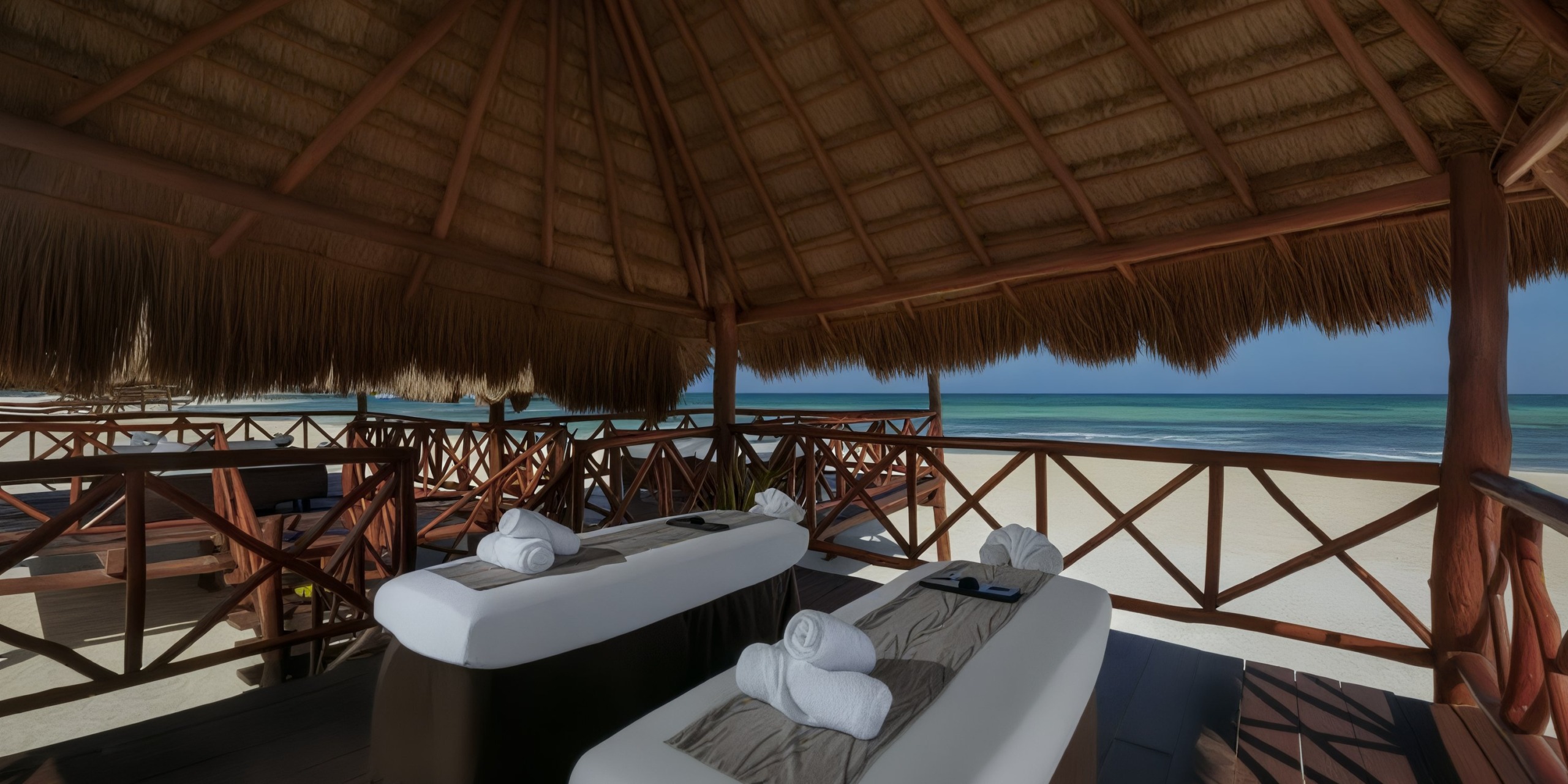 Experience the El Dorado Maroma spa beds nestled under a thatched roof, with breathtaking views of a sandy beach and the ocean.