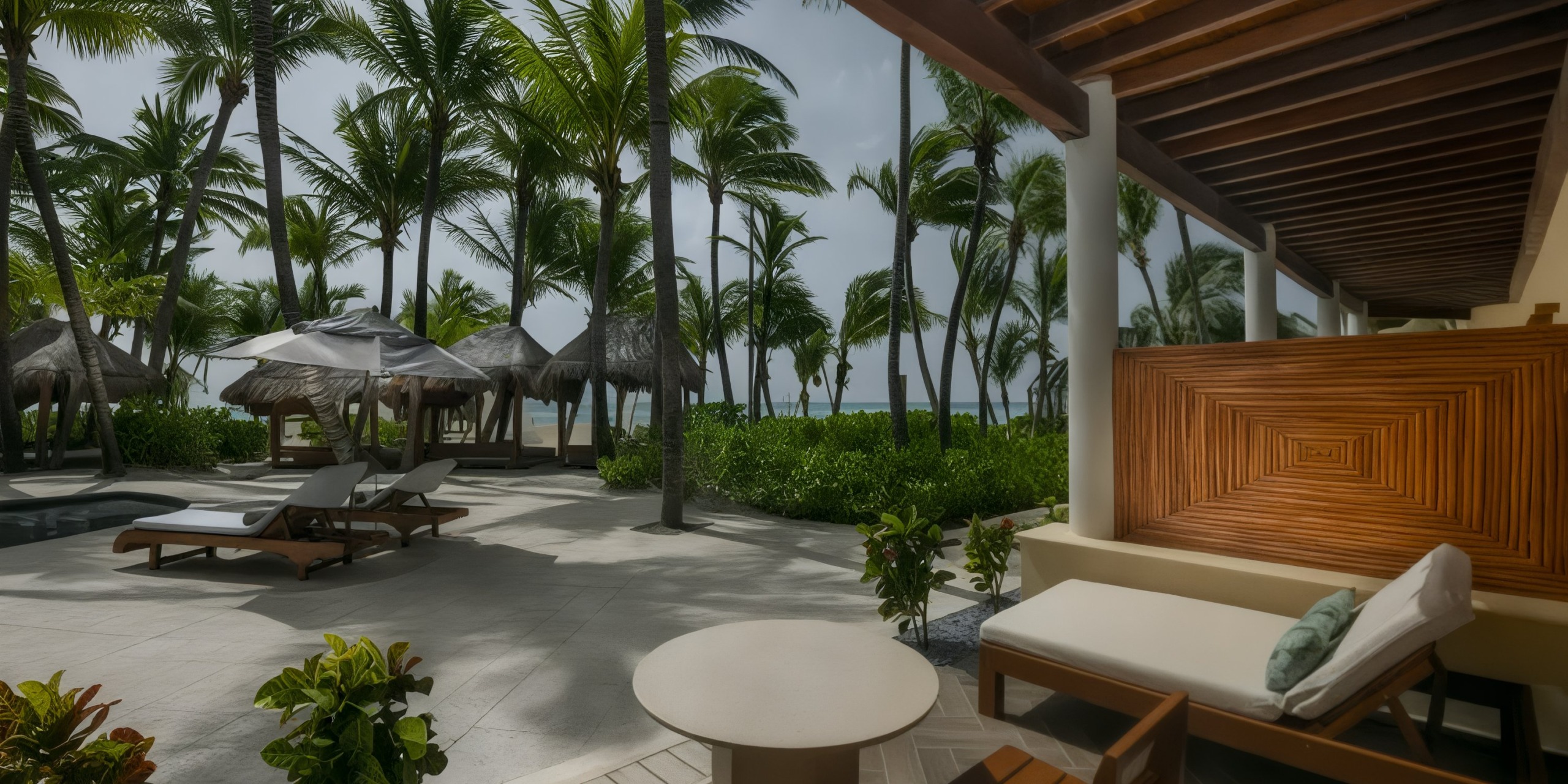 The El Dorado Maroma patio offers lounge chairs, palm trees, and cabanas facing the sea under a partly cloudy sky.