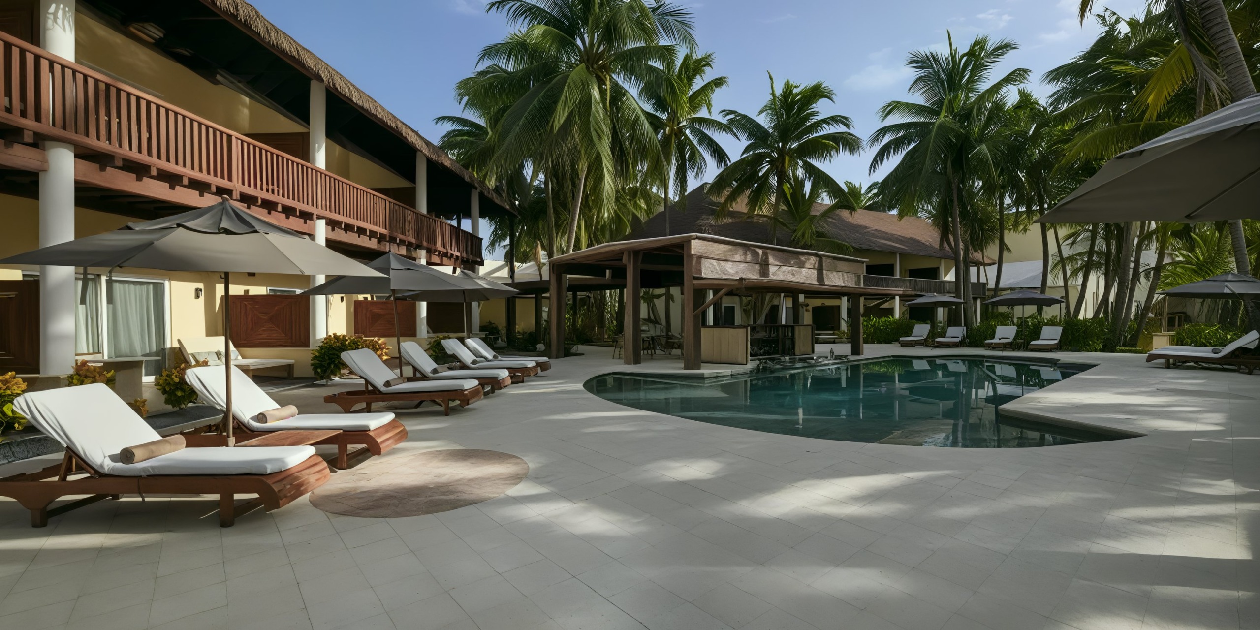 Relax by the poolside area at El Dorado Maroma, featuring sun loungers and umbrellas in a tropical setting adorned with palm trees and overlooked by a multi-story building.