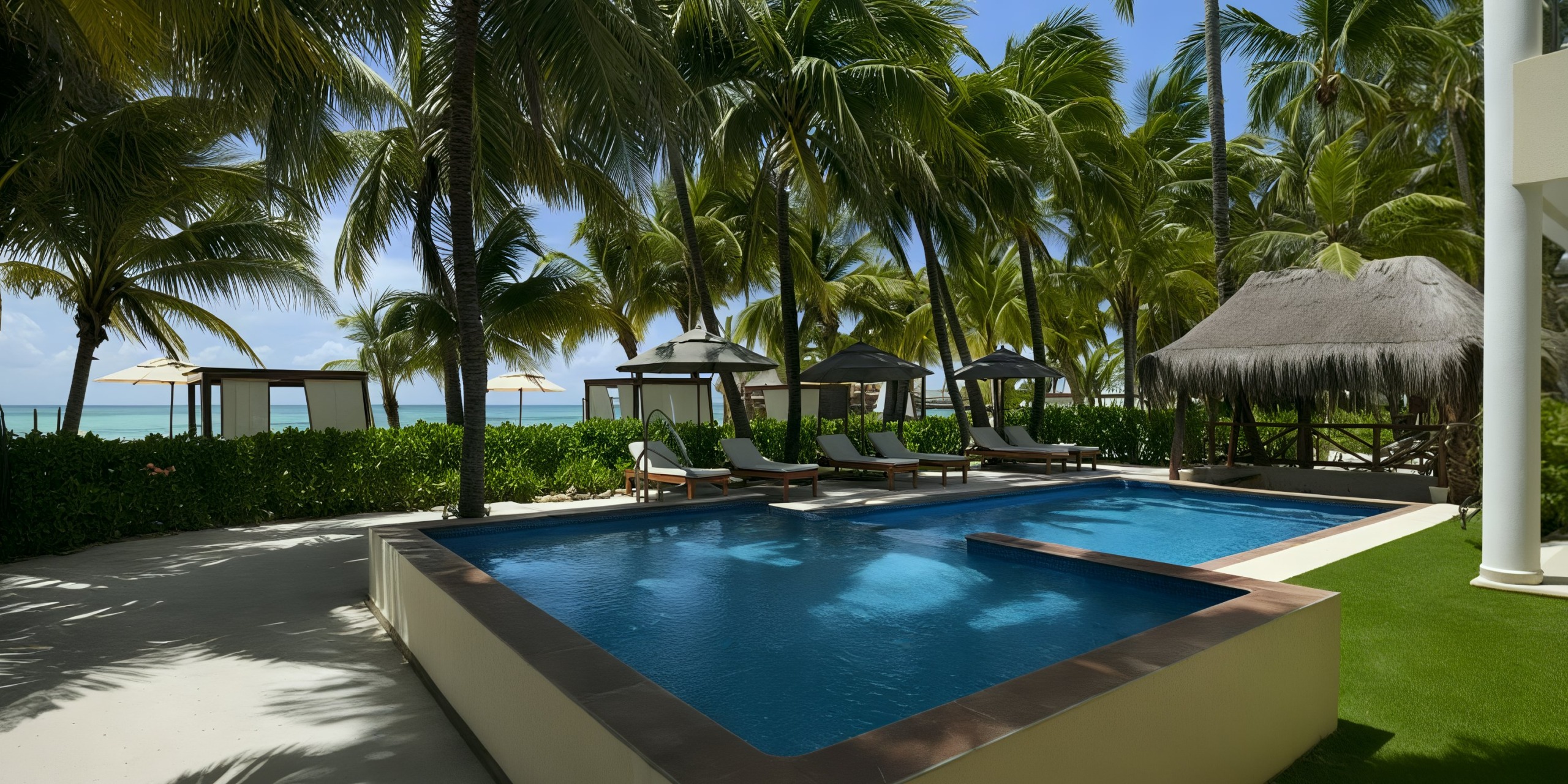 Experience the luxury of El Dorado Maroma's pool area, complete with comfortable lounge chairs and a charming thatched cabana, all surrounded by lush palm trees and vibrant greenery, just steps away from the beach.