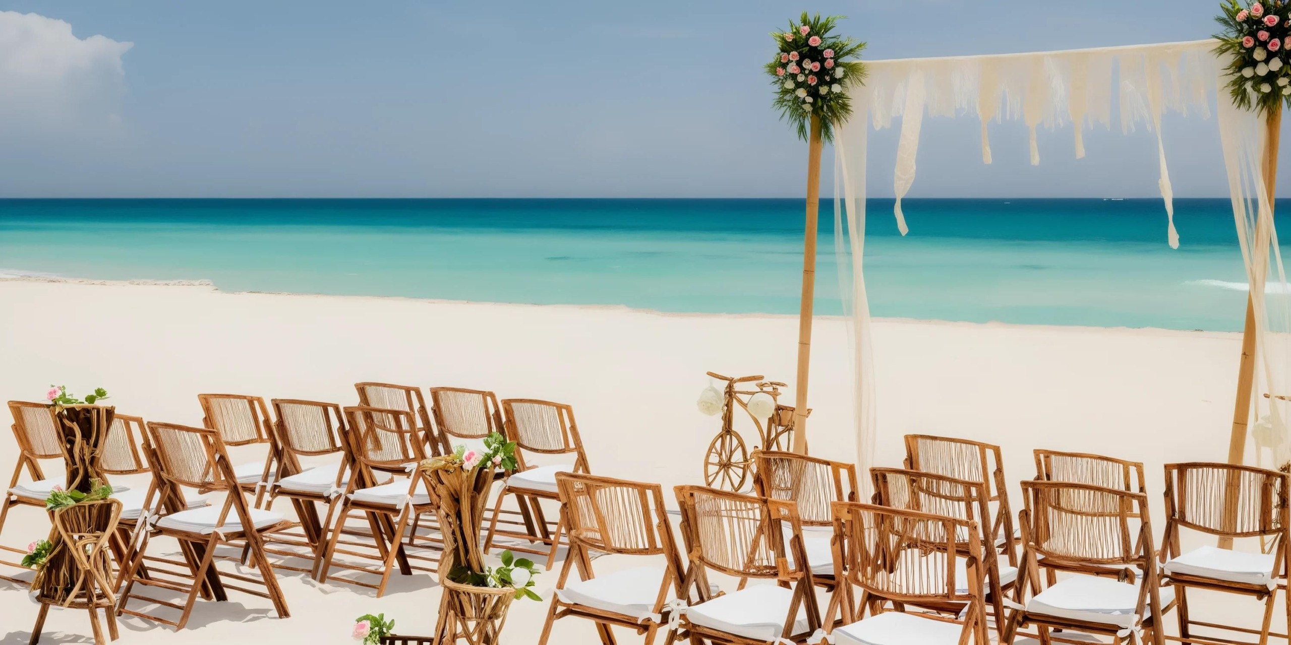 Chairs are set up on the sandy beach of Fiesta Americana Condesa Cancun, arranged to face a simple arch adorned with flowers, all overlooking a turquoise sea beneath a clear blue sky.