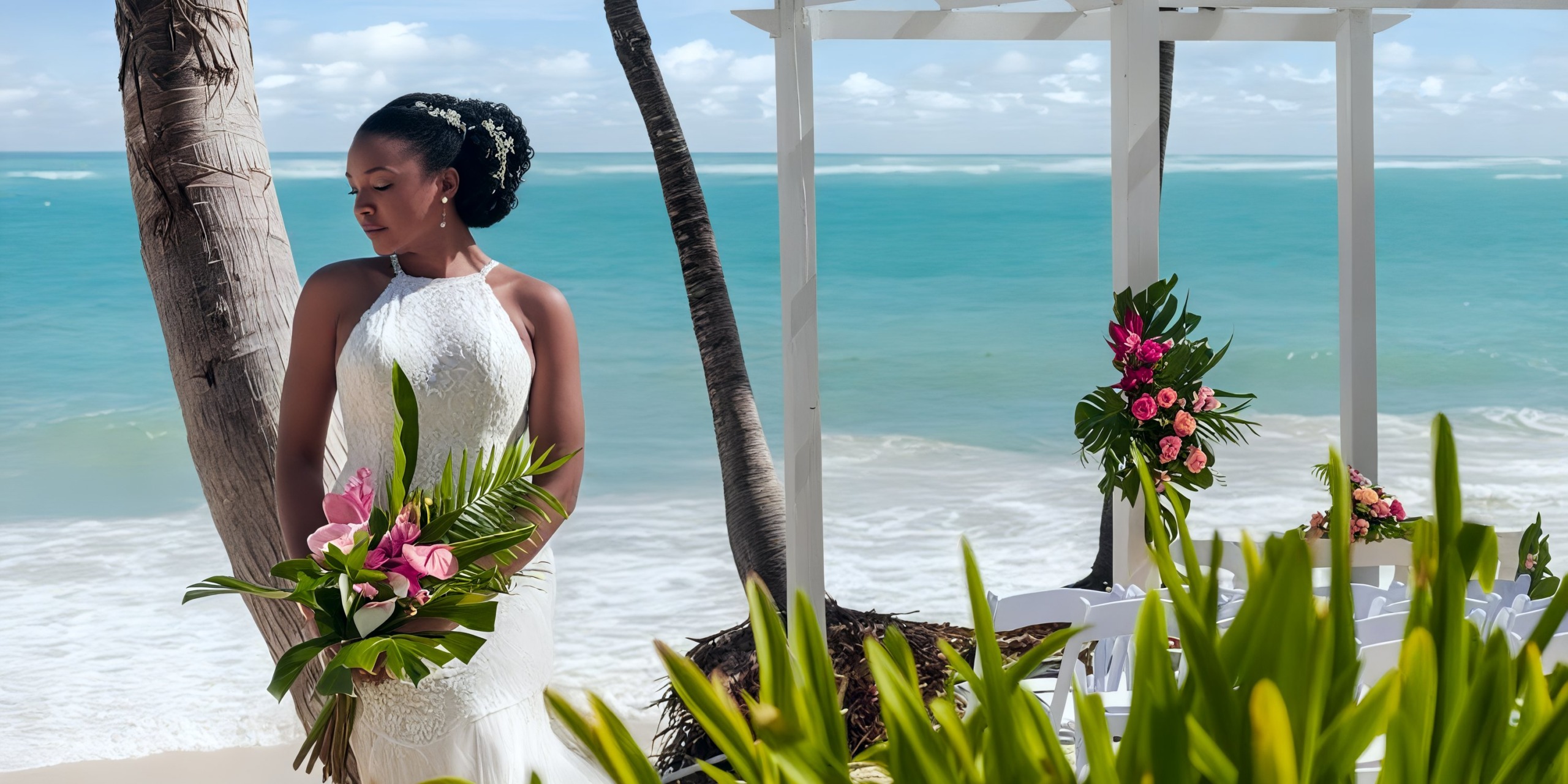 A bride in a white dress holds a bouquet, standing under a decorative arch at the Grand Palladium Palace on the beach, with ocean waves and a clear sky in the background.