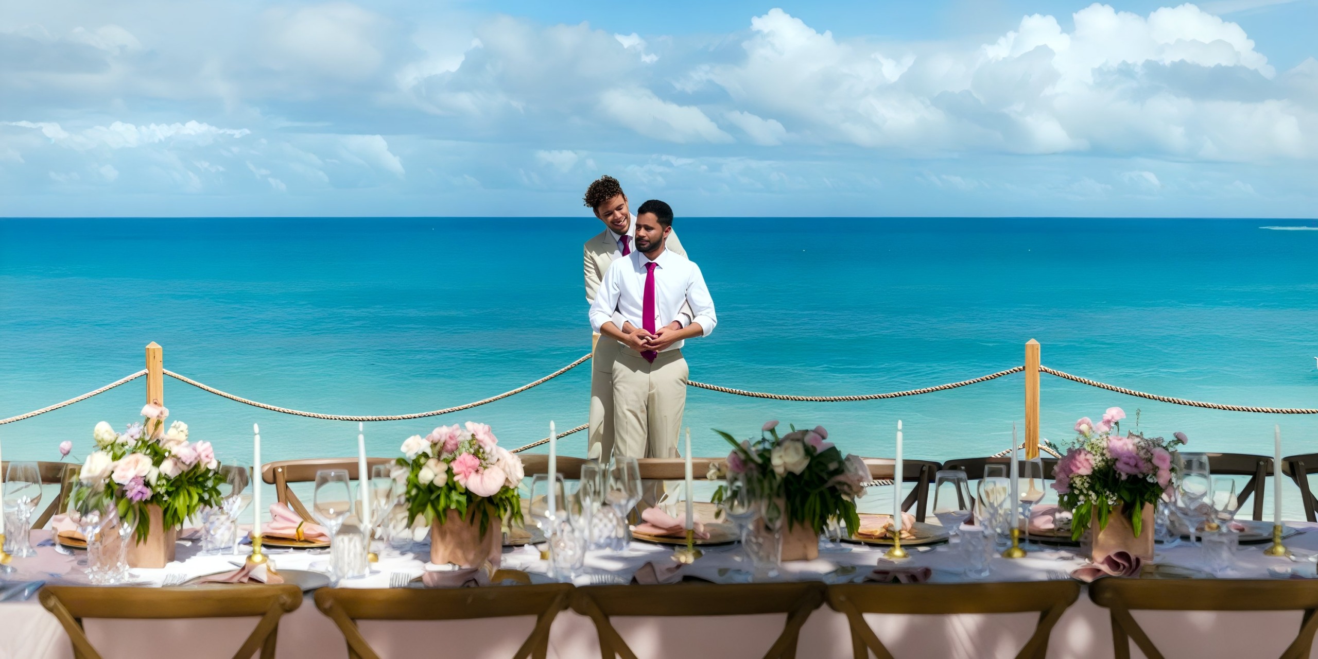 Two people stand close together, holding hands, on a deck overlooking the ocean at the Grand Palladium Palace. In the foreground, there's a table adorned with flowers and place settings.