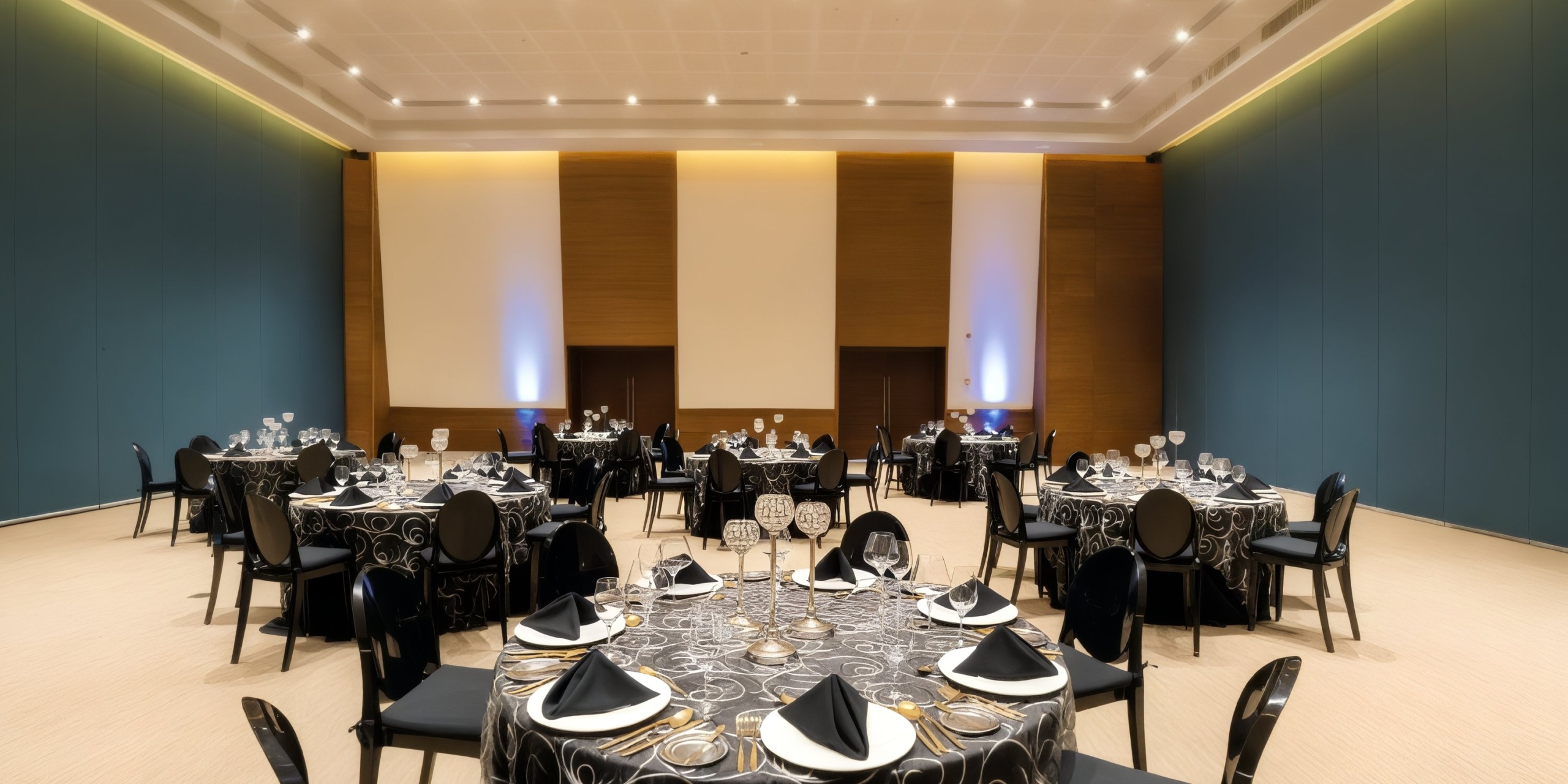 The Grand Palladium Kantenah dining hall is elegantly arranged for an event, showcasing round tables adorned with black chairs, patterned tablecloths, napkins, and glassware.