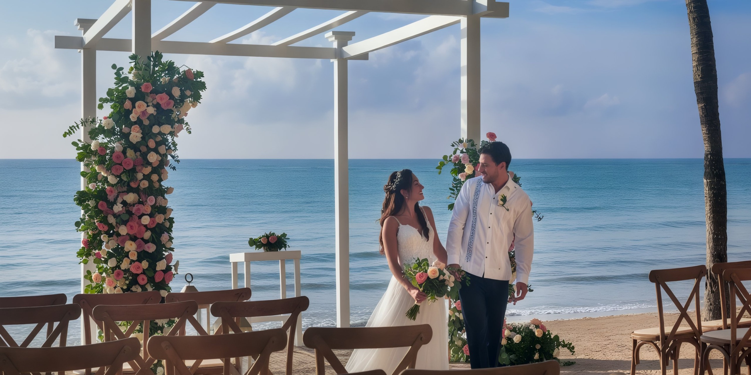 A couple stands under the Grand Palladium Kantenah on a beach, with chairs arranged for a ceremony.