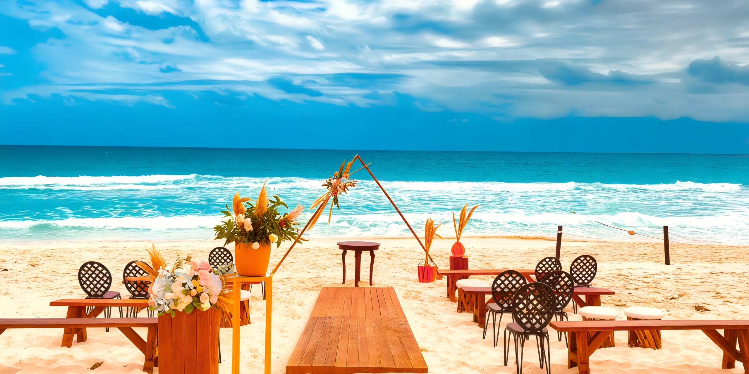 A wedding setup at Hard Rock Cancun featuring wooden benches arranged towards the ocean, a geometric arch adorned with flowers, all set against a backdrop of a blue sky with clouds.