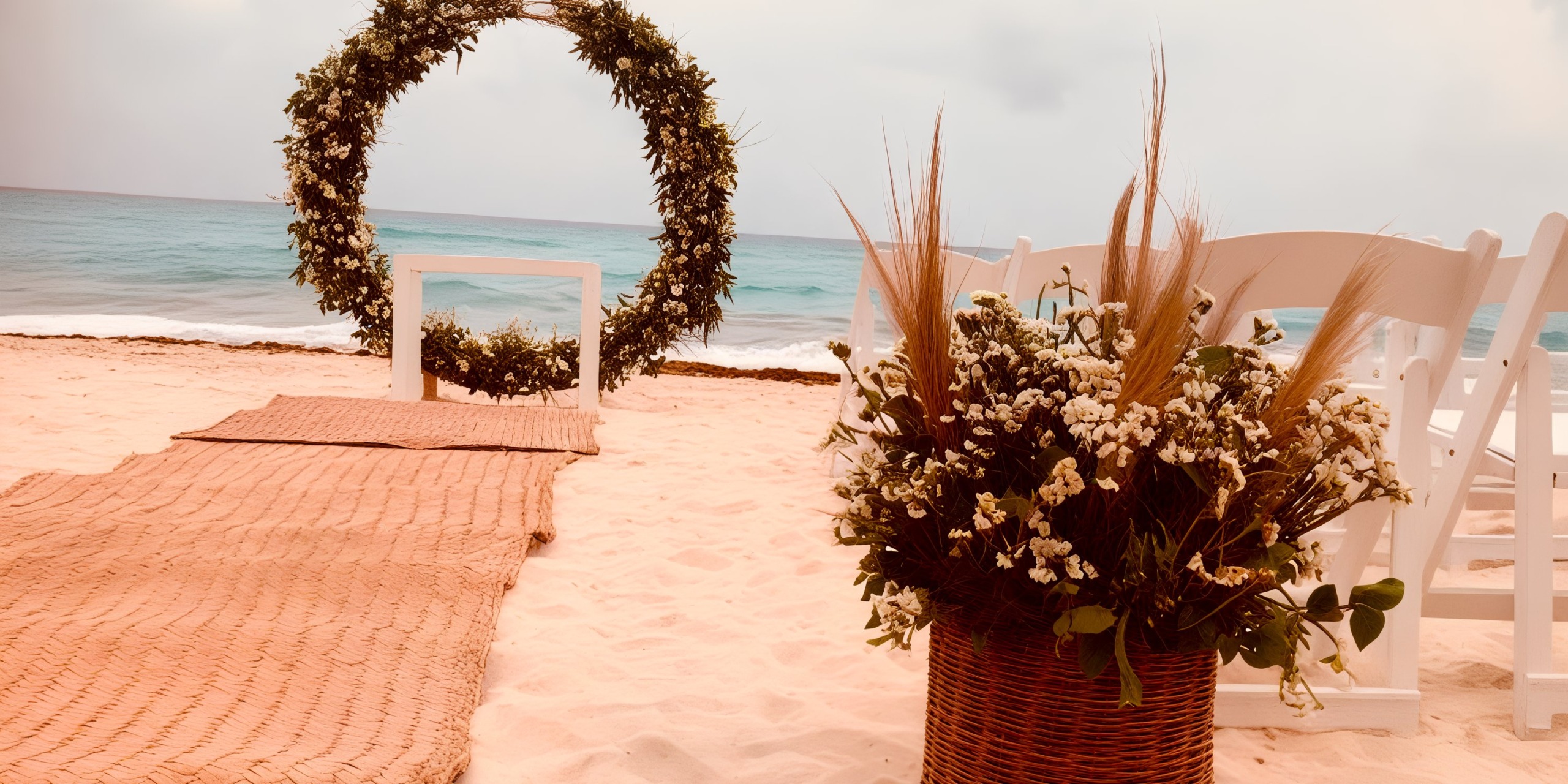 Hard Rock Cancun beach wedding setup featuring a beautiful flower arch, elegant chairs, and a decorative basket of flowers on the sandy shore, offering breathtaking views of the ocean.