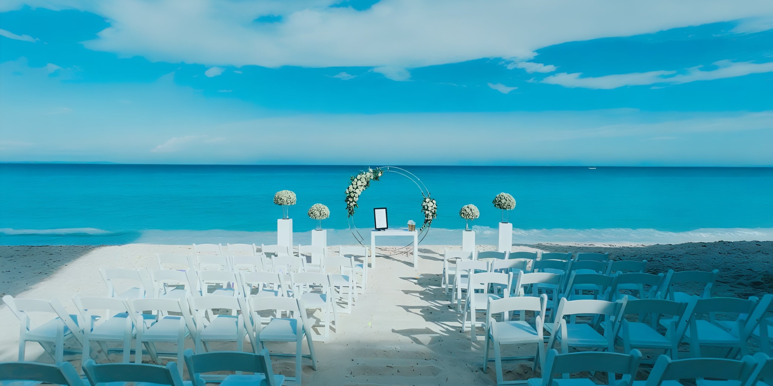 Hard Rock Cancun offers a beach wedding setup featuring white chairs facing a flower-adorned arch, set against the backdrop of the turquoise ocean and blue sky.