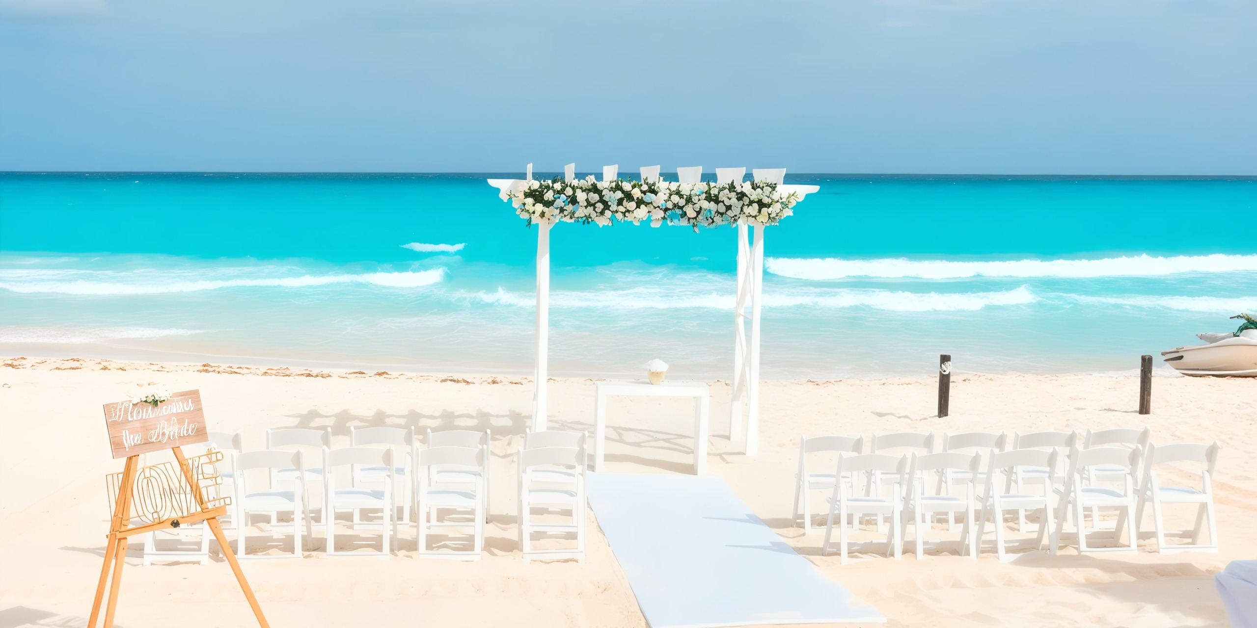 At Hard Rock Cancun, enjoy a beach wedding setup featuring white chairs and a flower-adorned archway overlooking the ocean, with a wooden sign that reads "Welcome to Our Wedding.