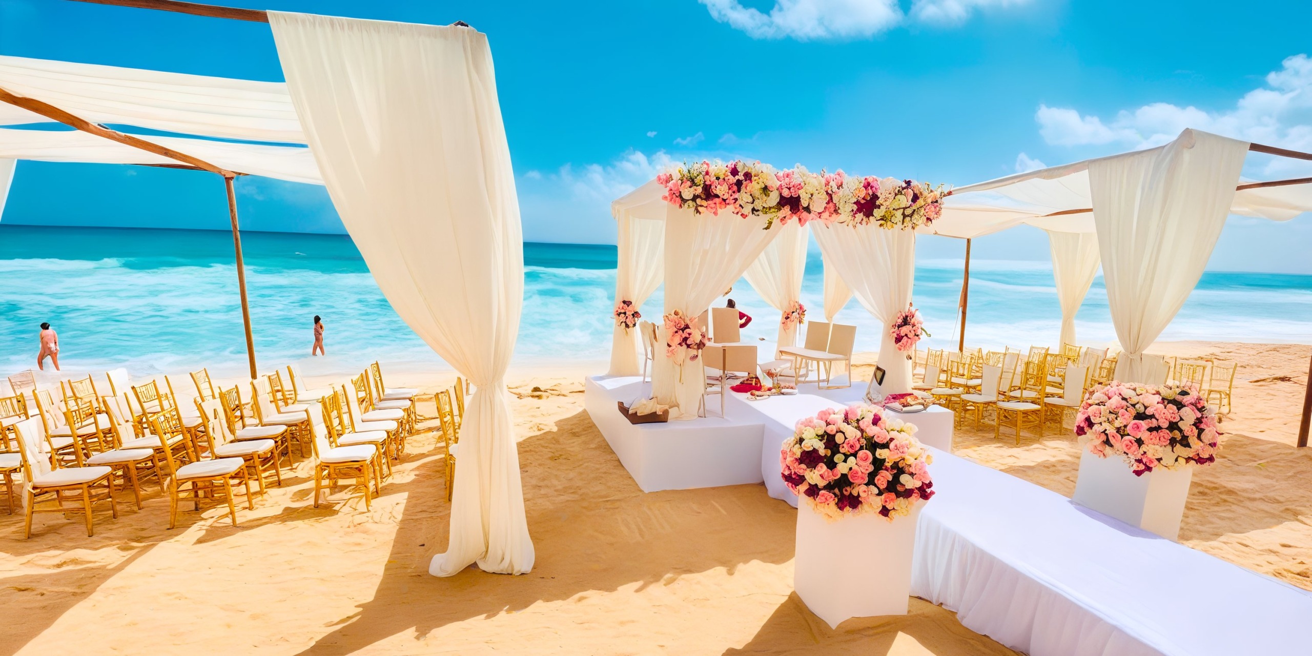 Hard Rock Cancun beach wedding setup featuring floral decorations, white drapes, and gold chairs beneath a clear blue sky.