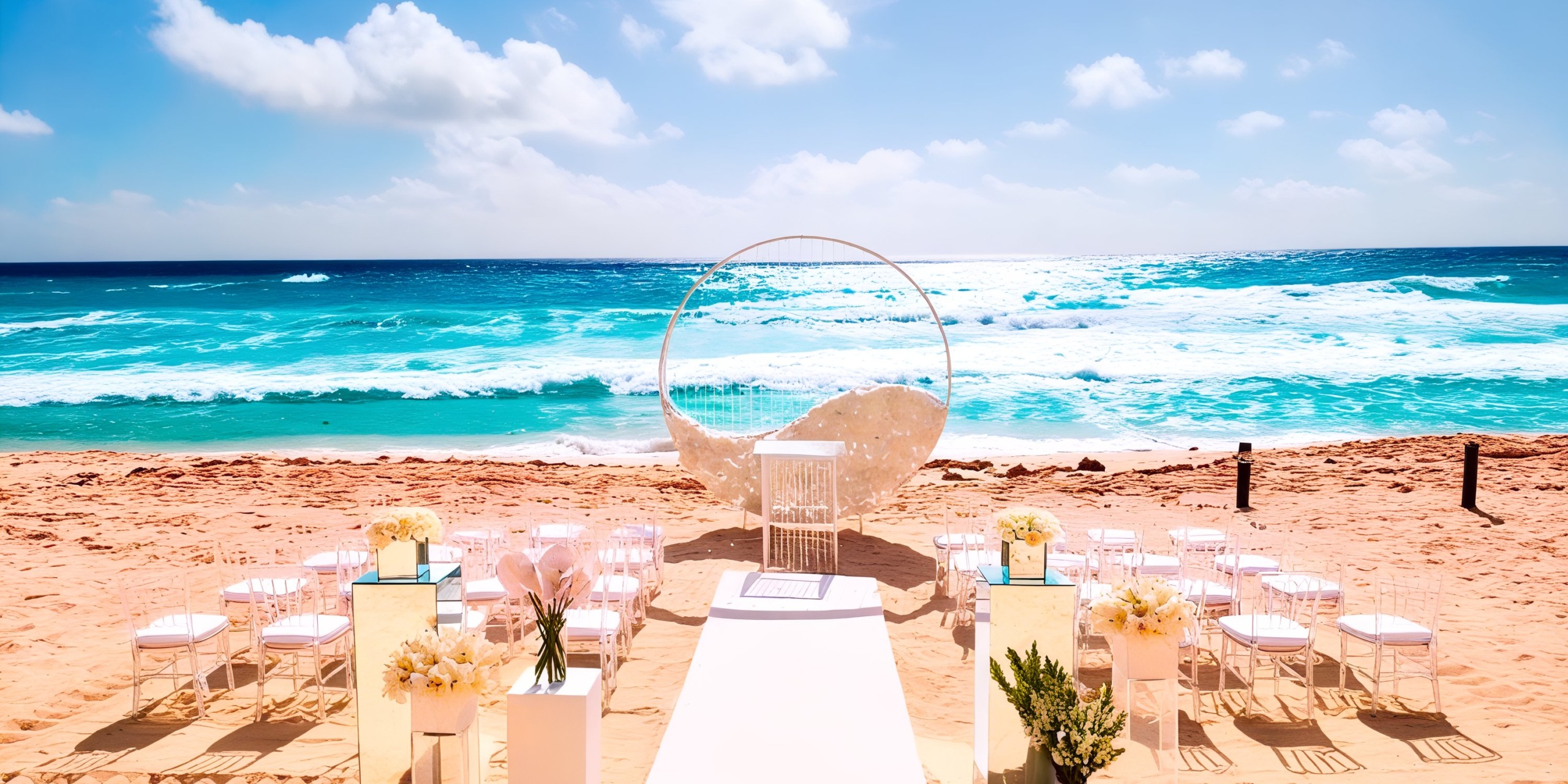 Hard Rock Cancun beach wedding setup with chairs and floral decorations arranged to face a circular arch with the ocean as a stunning backdrop under a sunny sky.
