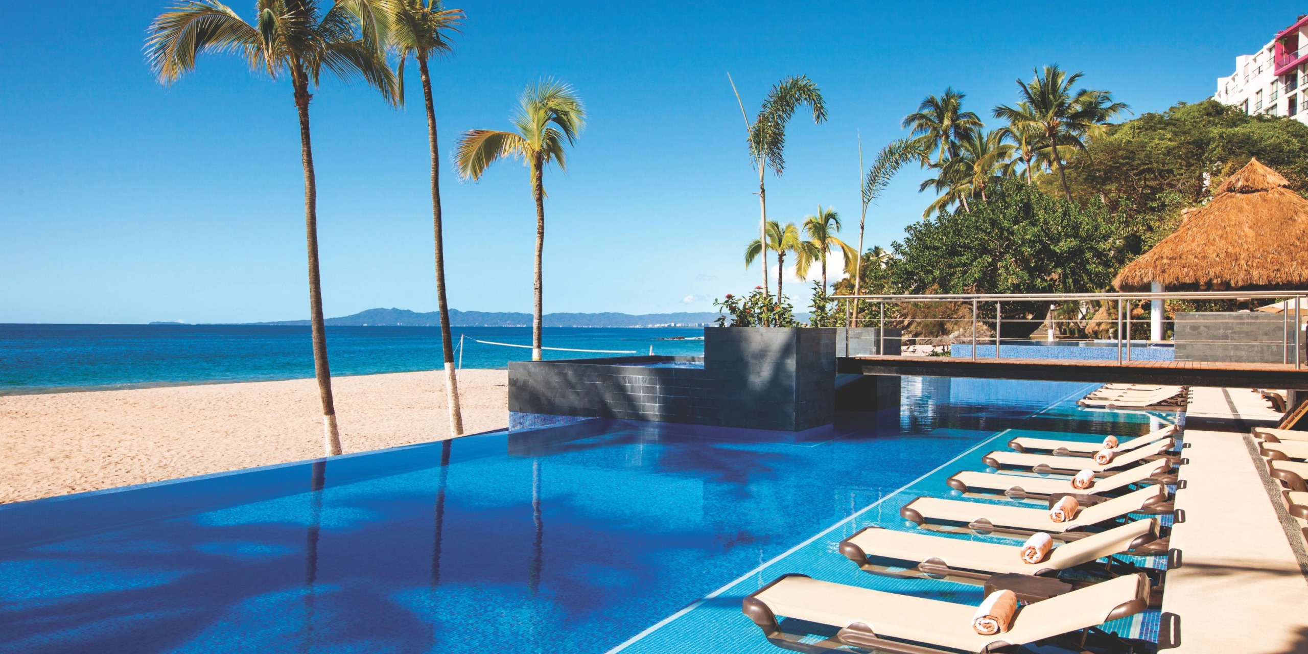 Infinity pool with loungers overlooking the sandy beach and palm trees at Hyatt Ziva Puerto Vallarta under a clear blue sky.