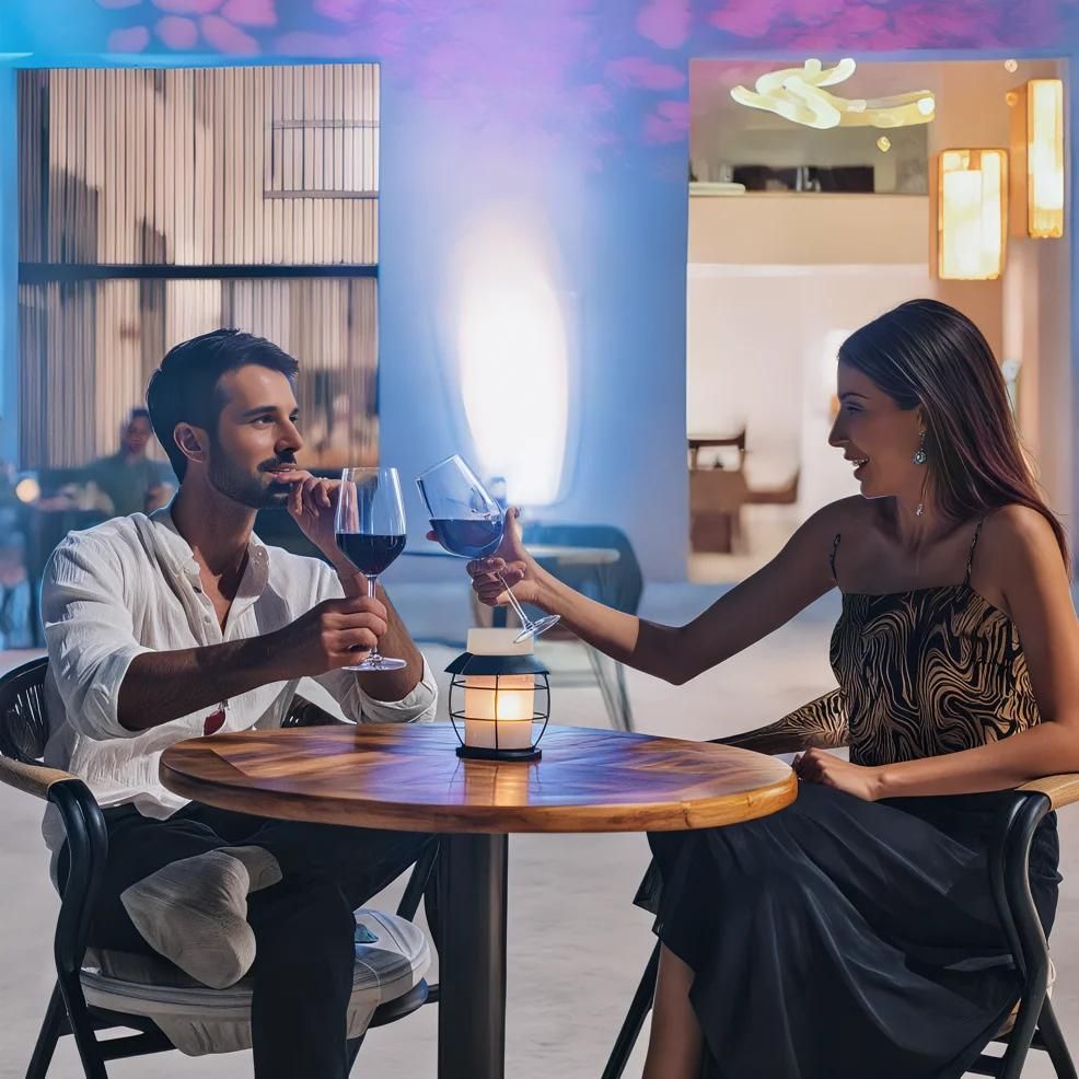 A man and a woman are sitting at an outdoor restaurant table, toasting with wine glasses. The setting is modern, with ambient lighting and a candle on the table.