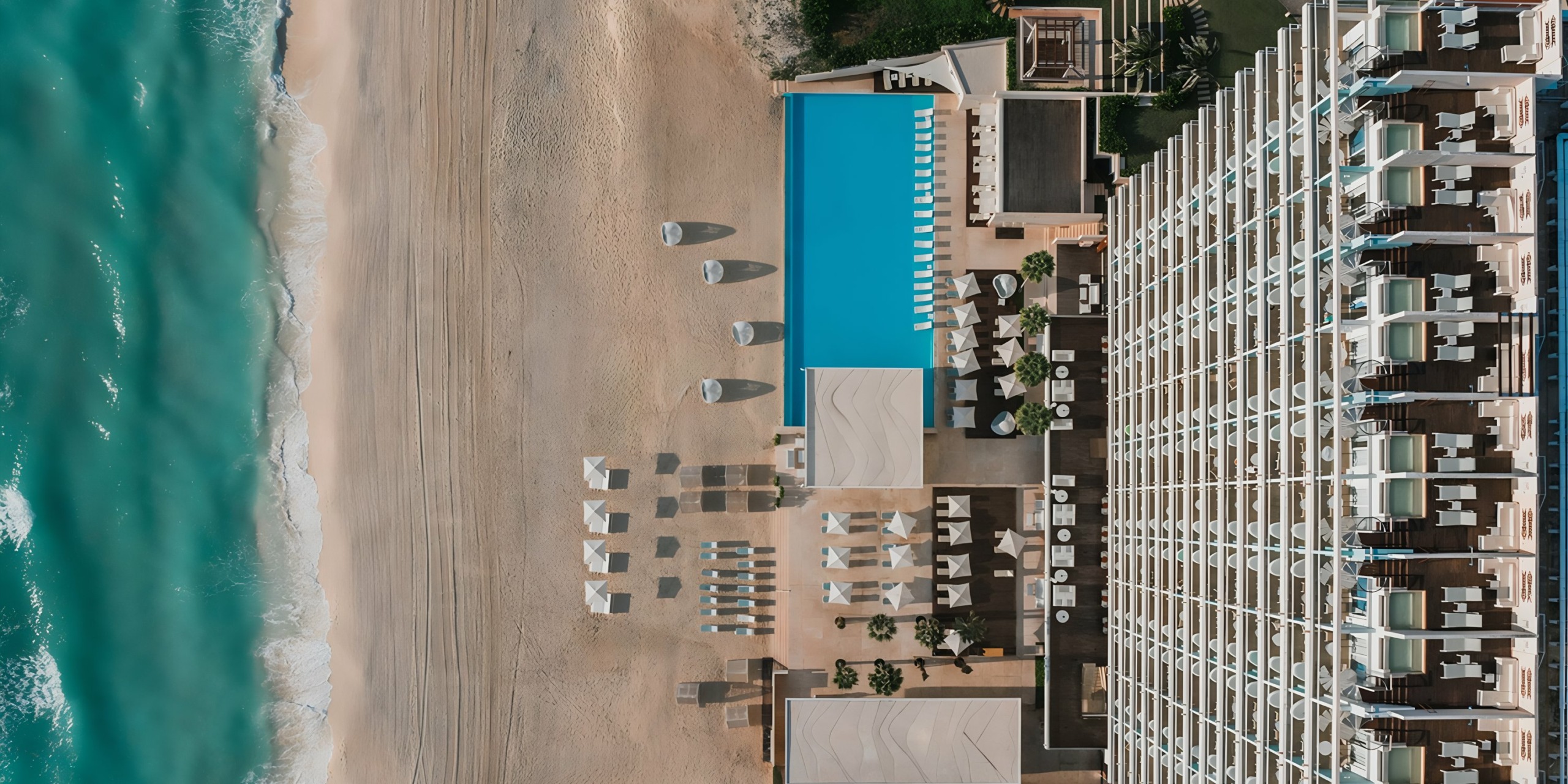Aerial view of Iberostar Selection Cancun beachfront resort with a pool and neatly arranged sun loungers.
