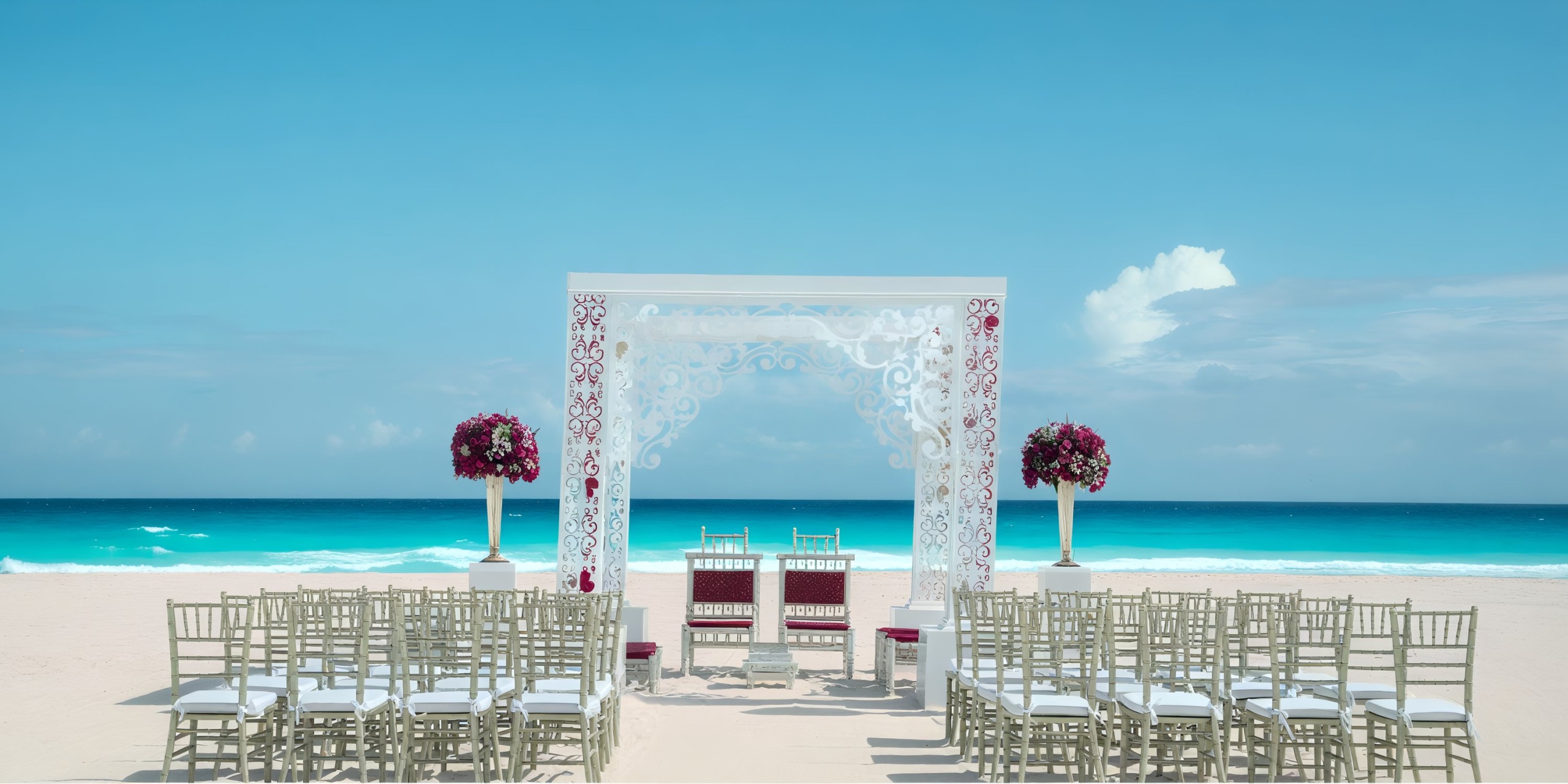 Beachfront wedding setup at Iberostar Selection Cancun features a white decorative arch, elegant floral arrangements, and rows of chairs on the sandy shore, all facing the sea under a clear blue sky.