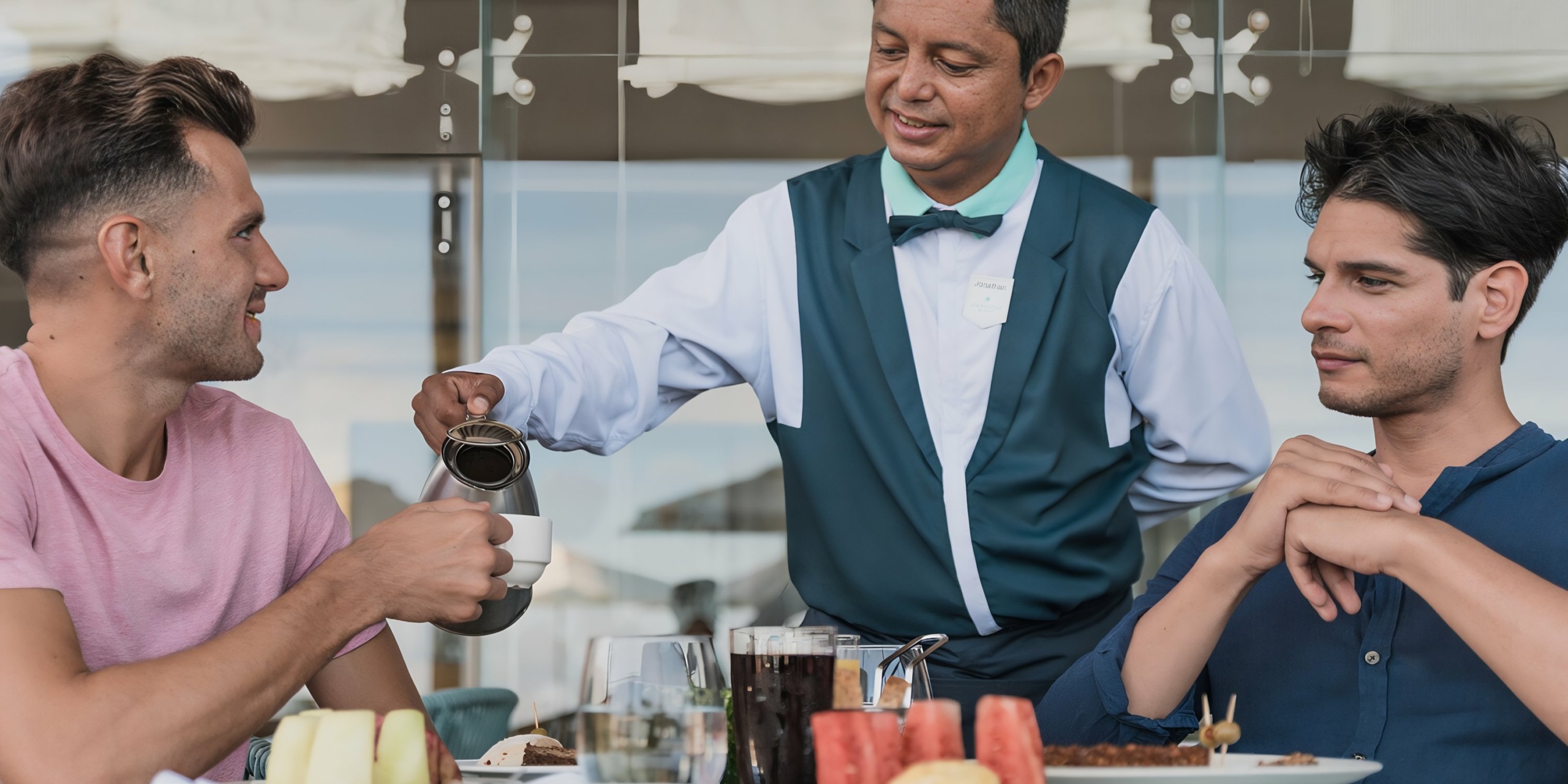 Waiter pouring Iberostar Selection Cancun for one of two men dining at a restaurant terrace.