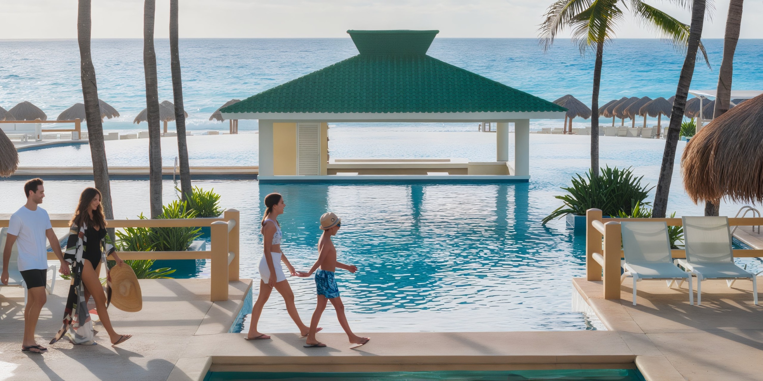 A family strolls by a pool, with the Iberostar Selection Cancun and its beach huts set against the backdrop of the ocean.