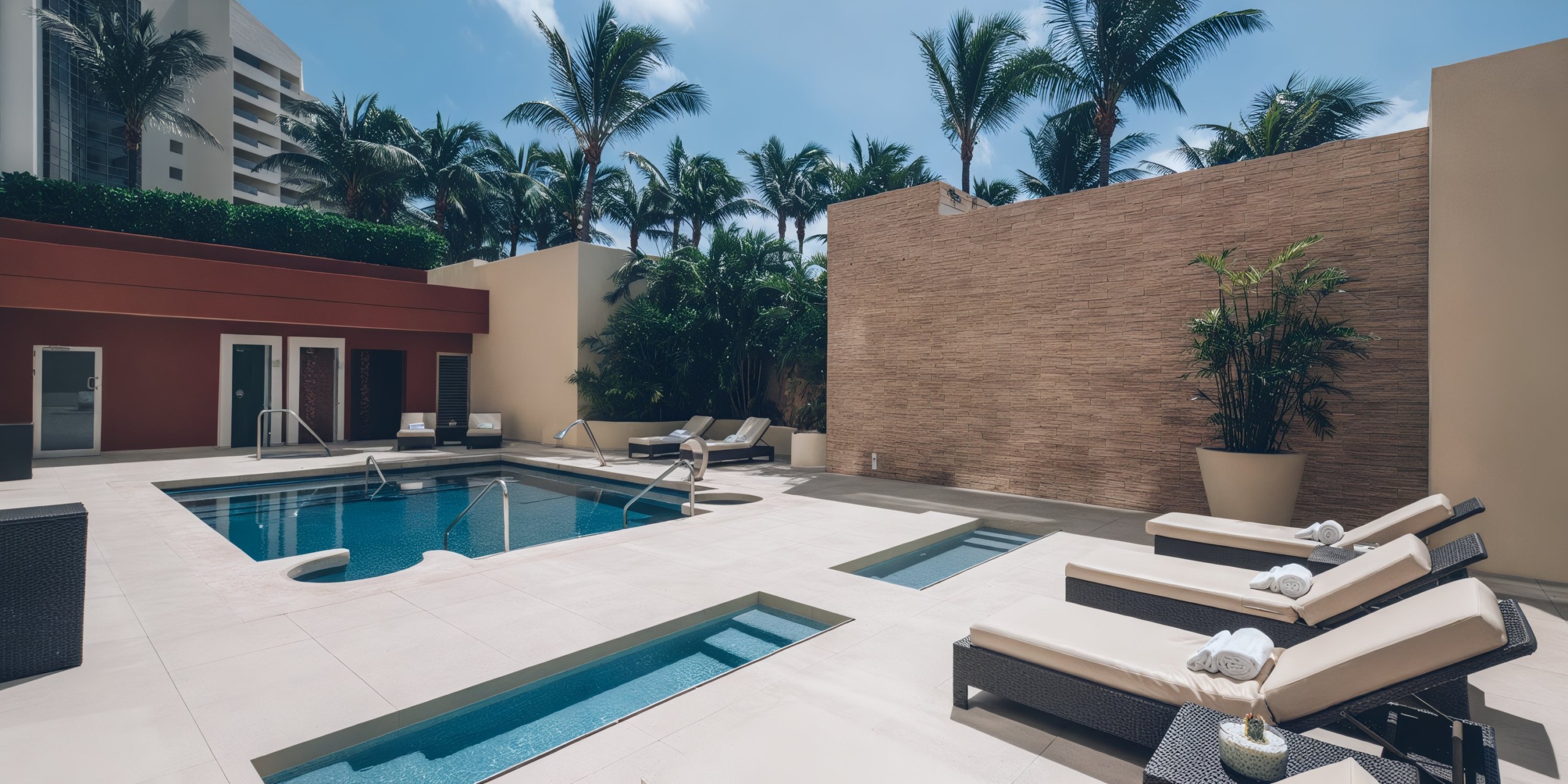 The outdoor pool area at the Iberostar Selection Cancun features lounge chairs, a small pool, and a hot tub nestled among palm trees. The space is enclosed by high walls with a sleek modern building providing the backdrop.