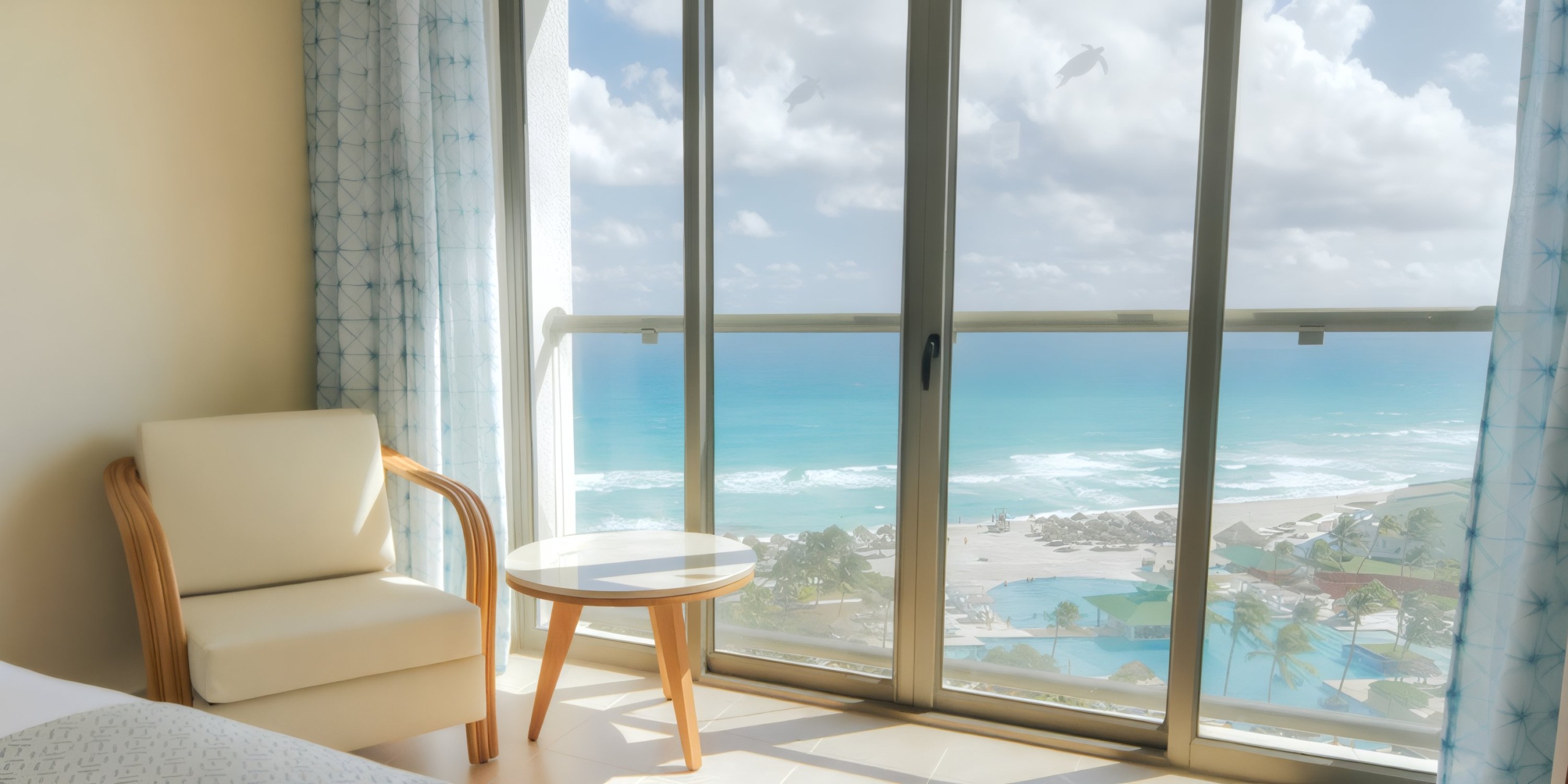 The Iberostar Selection Cancun features a hotel room with an armchair and a small table by a glass door, providing a view of the beach and ocean under a cloudy sky.