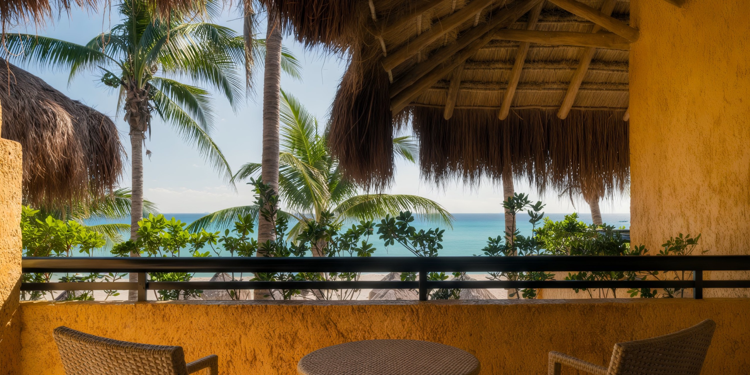 Enjoy a stunning beach view from the thatched-roof balcony of the Iberostar Waves Quetzal, complete with two chairs and a table, overlooking palm trees and the ocean.