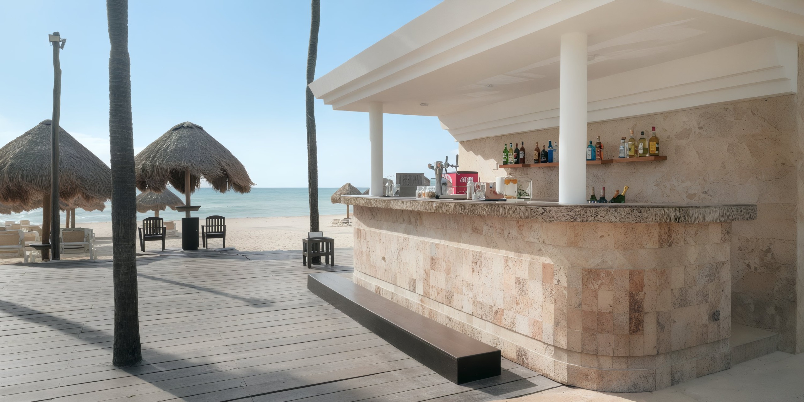 The scene at Iberostar Waves Quetzal features a beachside bar with a thatched roof and wooden deck, where liquor bottles are neatly arranged on shelves. Outside, sun loungers and swaying palm trees can be seen under a clear sky.