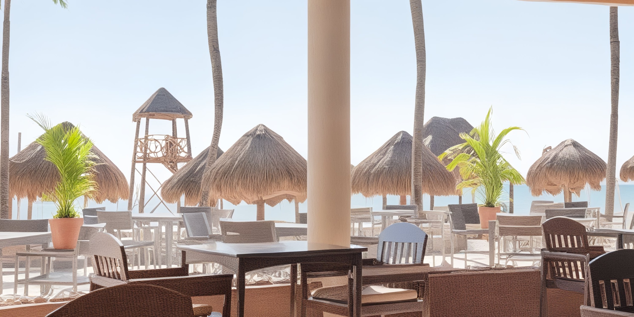 Enjoy the outdoor seating area at Iberostar Waves Quetzal, featuring wooden tables and chairs beneath thatched umbrellas, surrounded by palm trees with a picturesque view of a beachside lifeguard tower.