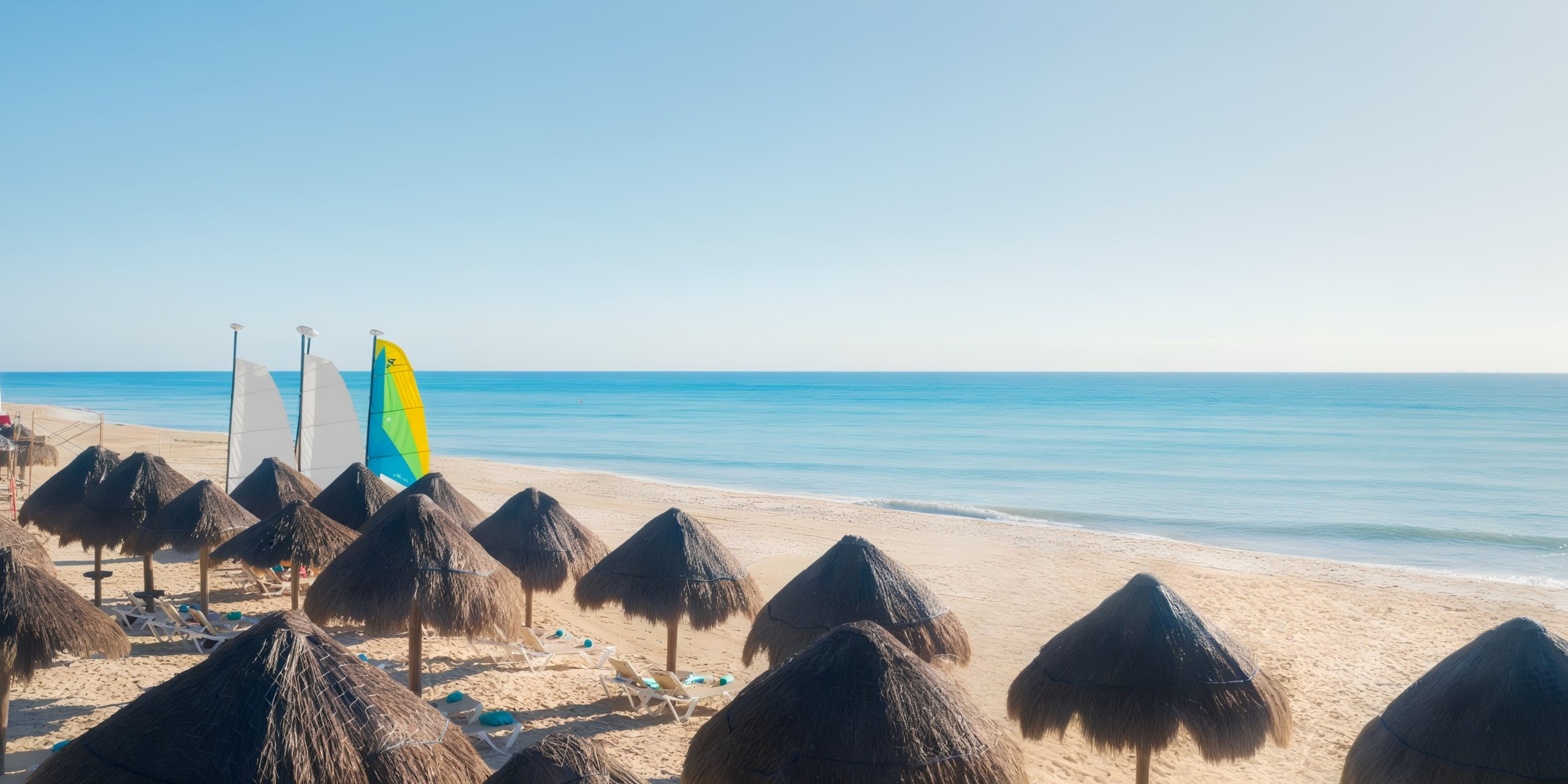 Experience a sunny beach at Iberostar Waves Quetzal, featuring straw umbrellas, a tranquil blue sea, and sailboats resting on the sand.