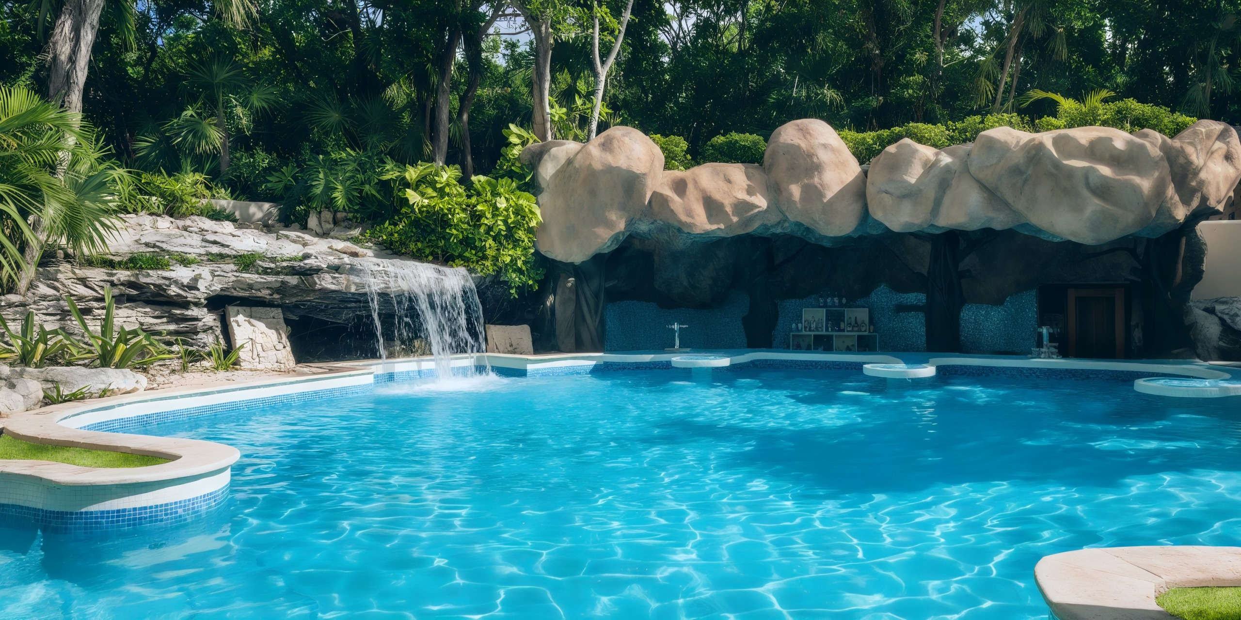 The Iberostar Waves Quetzal boasts a swimming pool encircled by rock formations and vibrant greenery, complete with a charming waterfall.