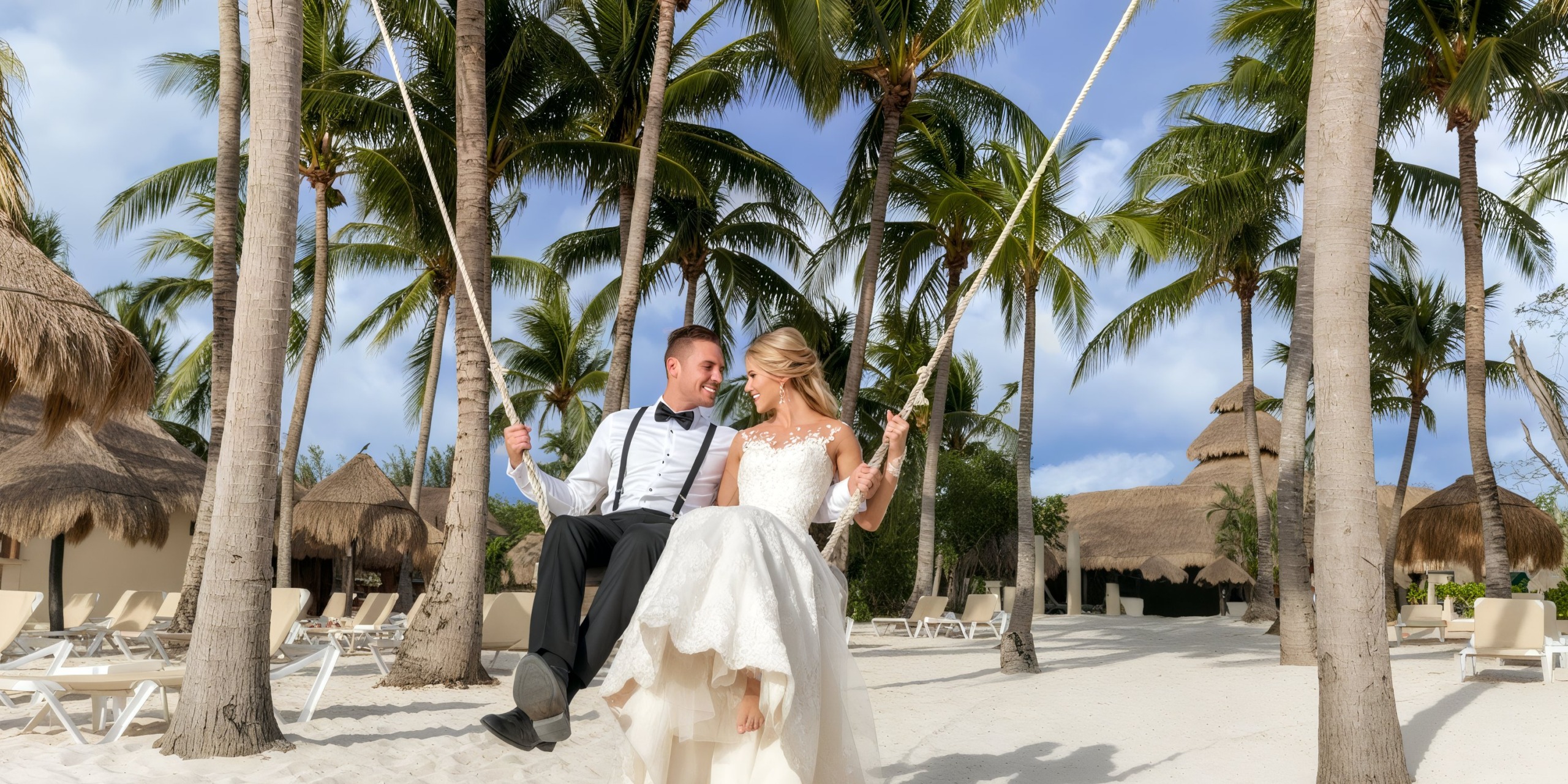 A bride and groom sit on a swing at the Iberostar Waves Quetzal, surrounded by palm trees on a sandy beach.