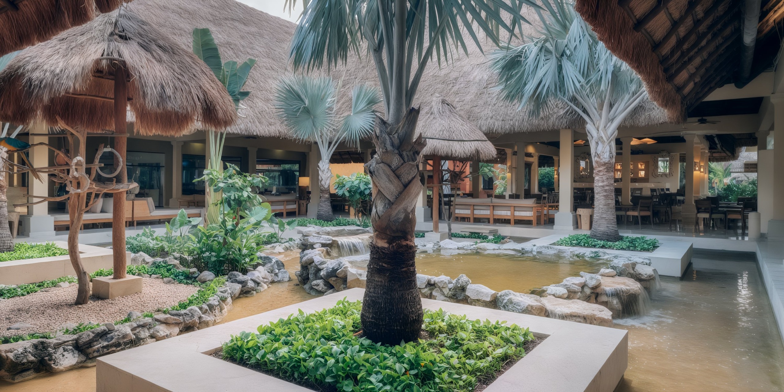 Experience the Iberostar Waves Quetzal, featuring a tropical courtyard with a central palm tree, surrounded by small water features, lush greenery, and thatched roof buildings in the background.