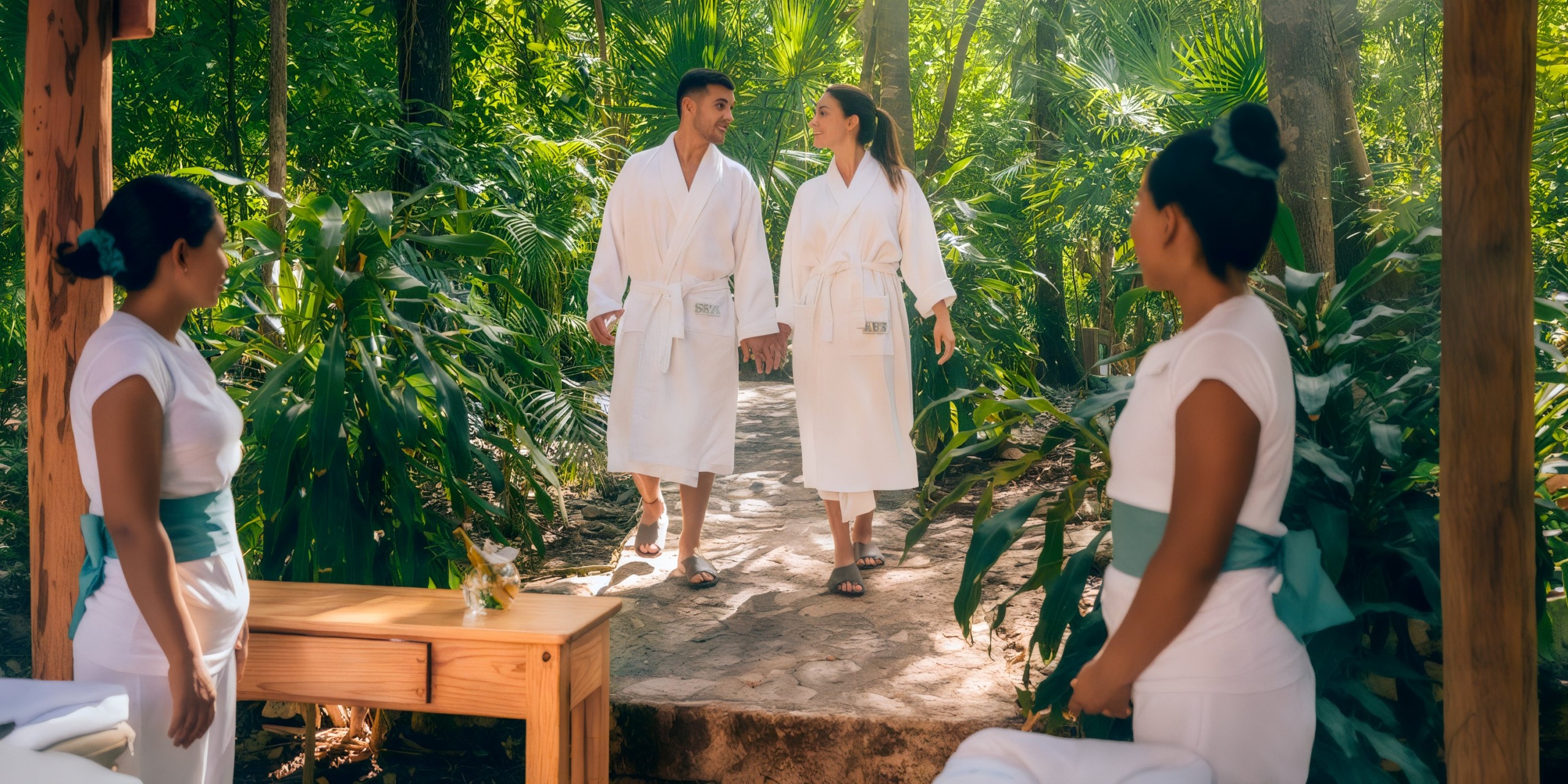 A couple in white robes walks along a stone path in a lush forest setting, accompanied by two spa attendants at the Iberostar Waves Quetzal.