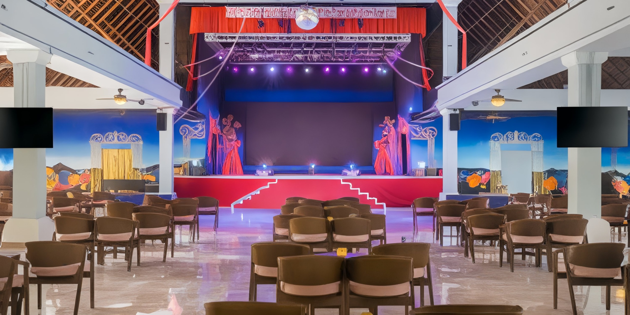 The Iberostar Waves Quetzal features an expansive theater with rows of chairs directed towards a stage. This stage is beautifully adorned with red curtains and illuminated by captivating purple lights.