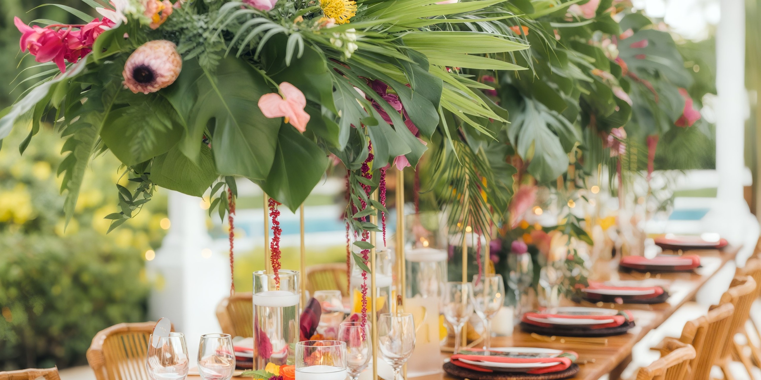 The Iberostar Waves Quetzal table setting embodies a tropical theme with lush greenery and vibrant flowers, showcasing candles, plates, glasses, and utensils on a wooden table.