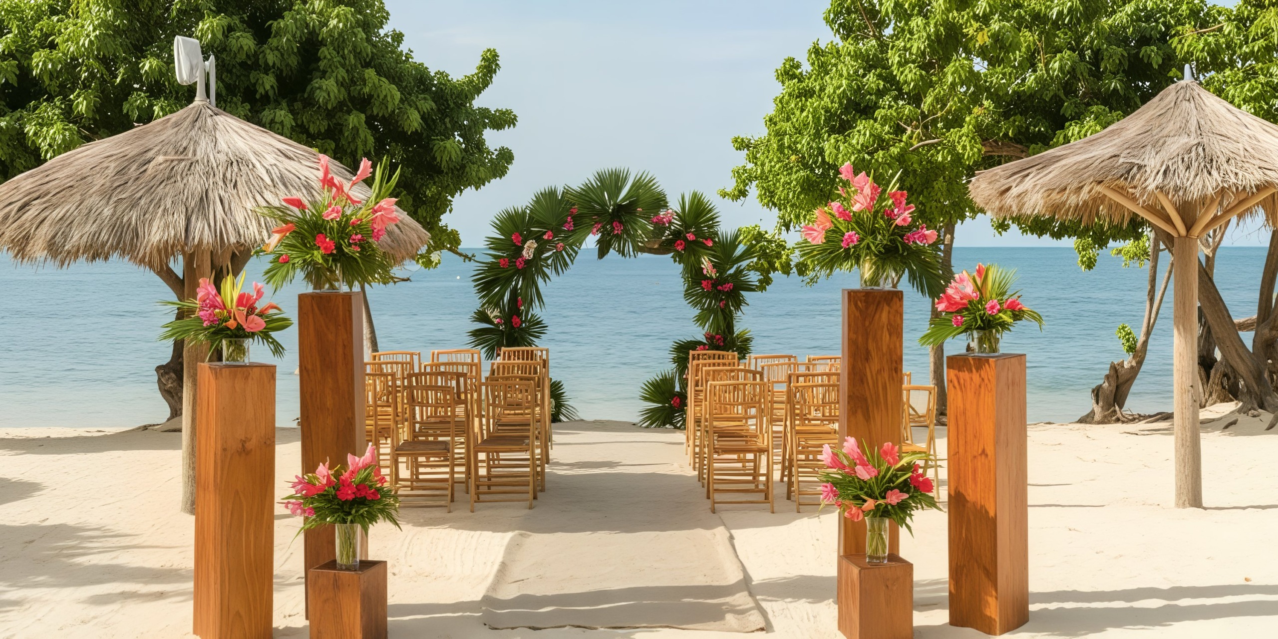 A beautiful setup for a destination wedding at Iberostar Waves Rose Hall Beach, featuring elegant chairs, vibrant flowers, and swaying palm trees.