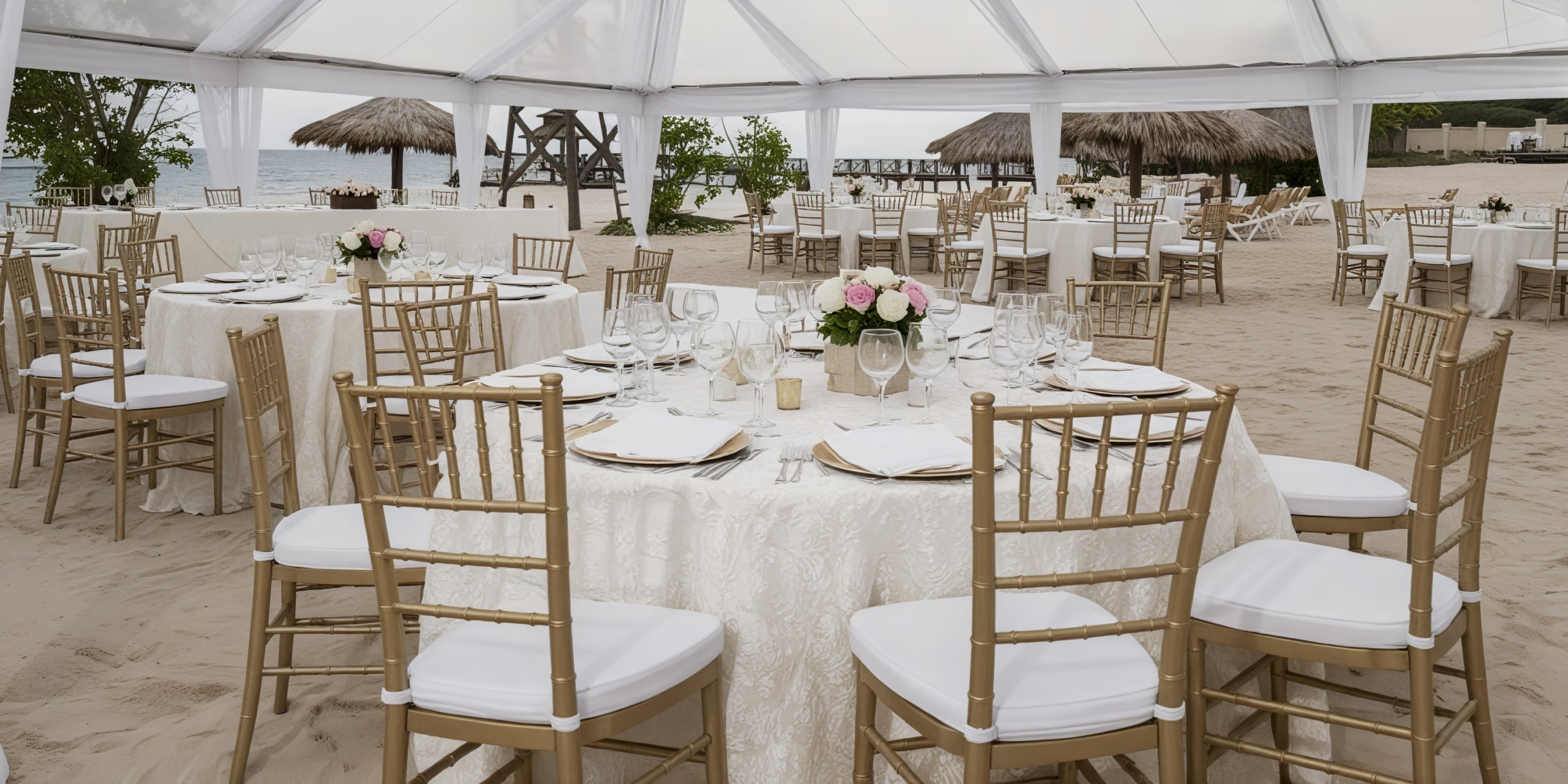 Iberostar Waves Rose Hall Beach is beautifully arranged for a destination wedding, featuring round tables adorned with floral centerpieces and complemented by elegant bamboo chairs.