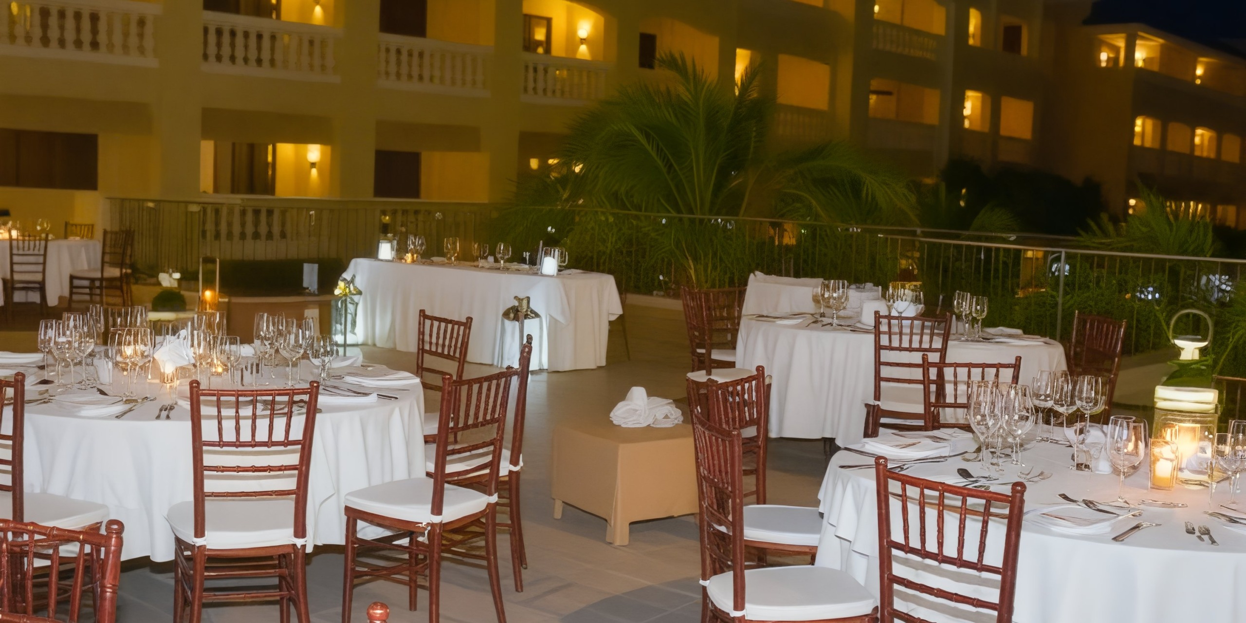 Iberostar Waves Rose Hall Beach offers a picturesque setting perfect for a destination wedding, featuring outdoor dining with round tables elegantly adorned with white cloths and complemented by wooden chairs.