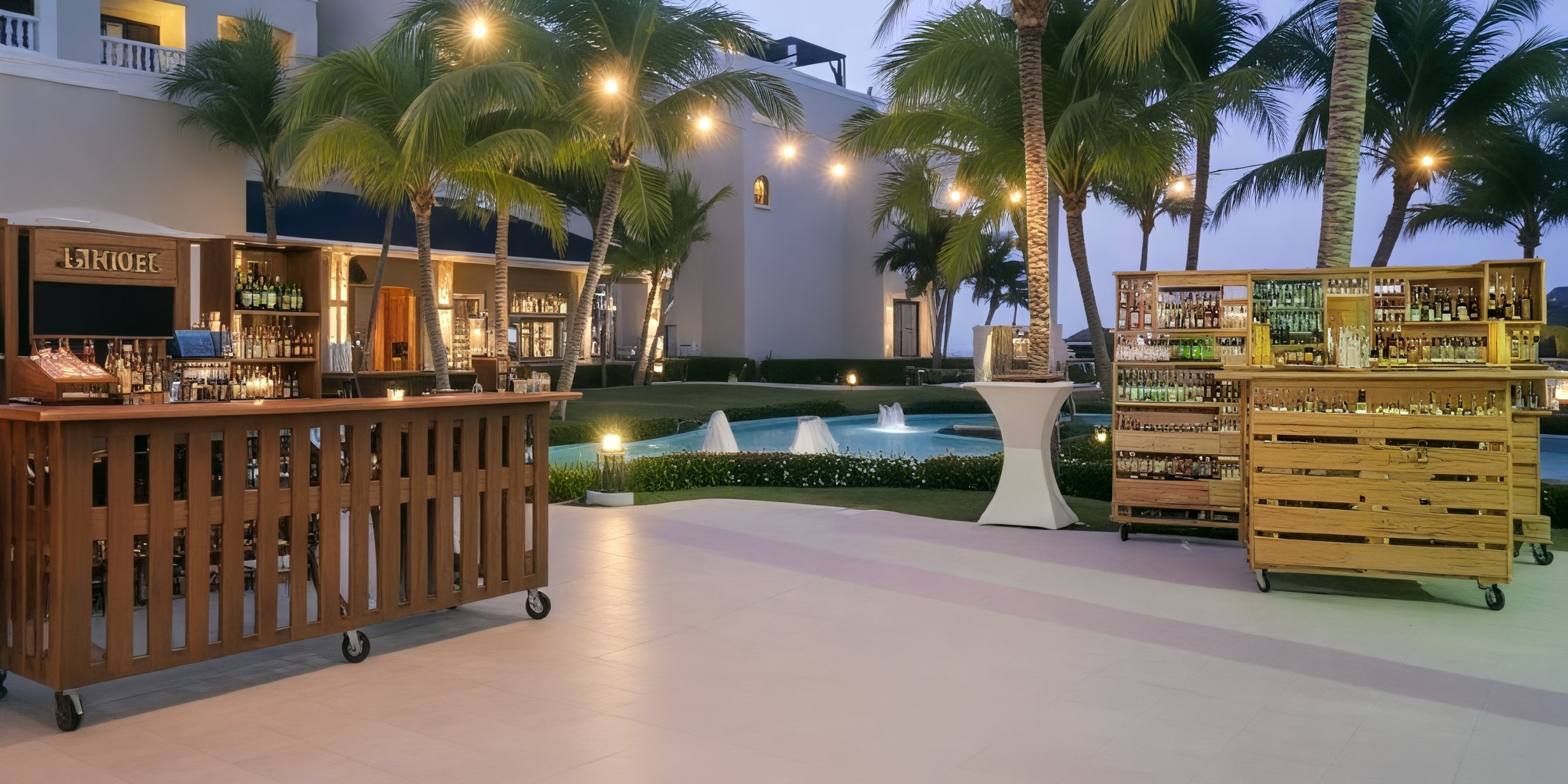 Iberostar Waves Rose Hall Beach offers an ideal setting for a destination wedding, featuring an outdoor bar with wooden counters, surrounded by palm trees and a stunning pool complete with fountains.