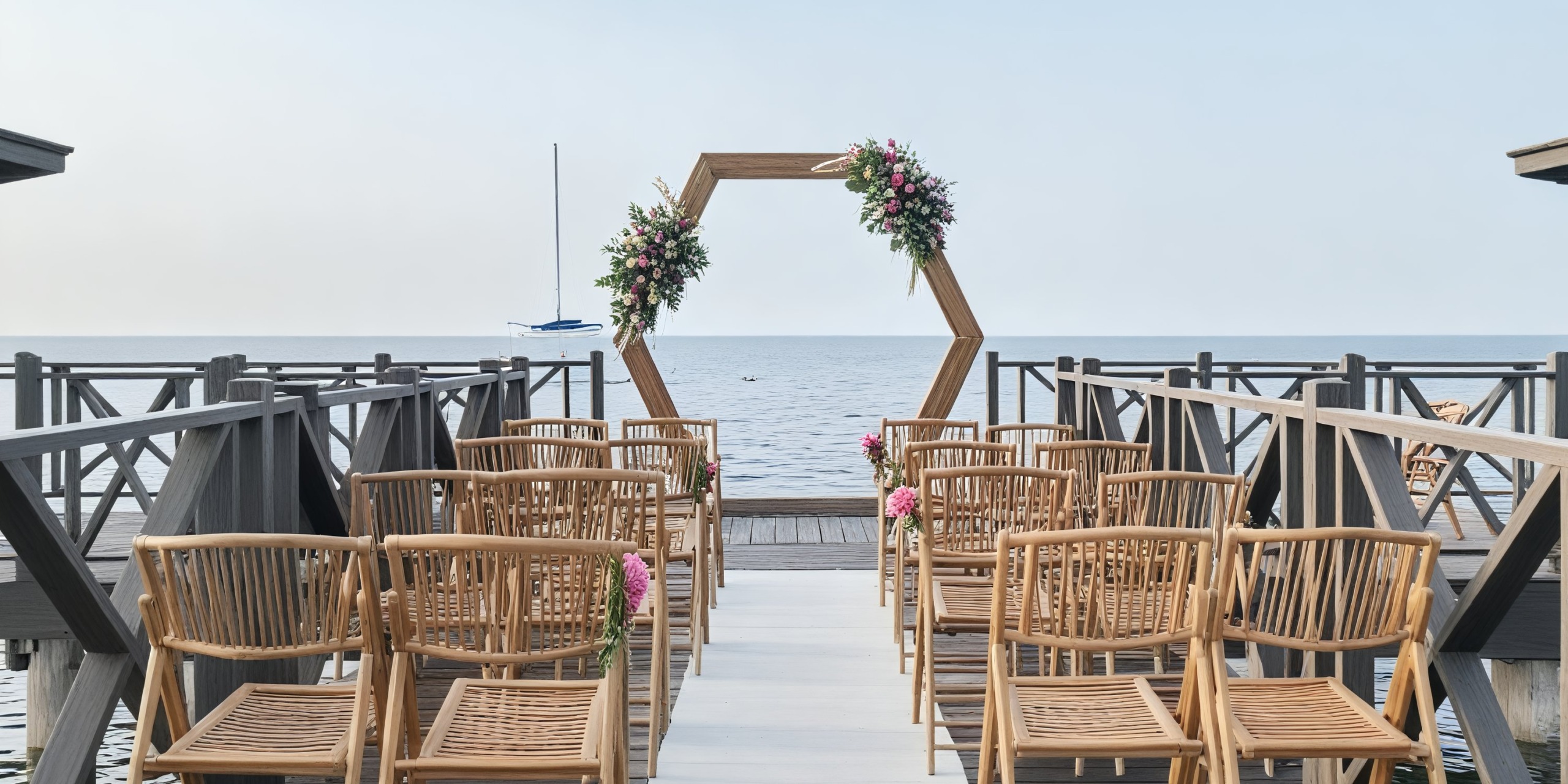 Experience a stunning destination wedding at Iberostar Waves Rose Hall Beach, featuring elegant wooden chairs and a beautiful hexagonal arch by the sea.