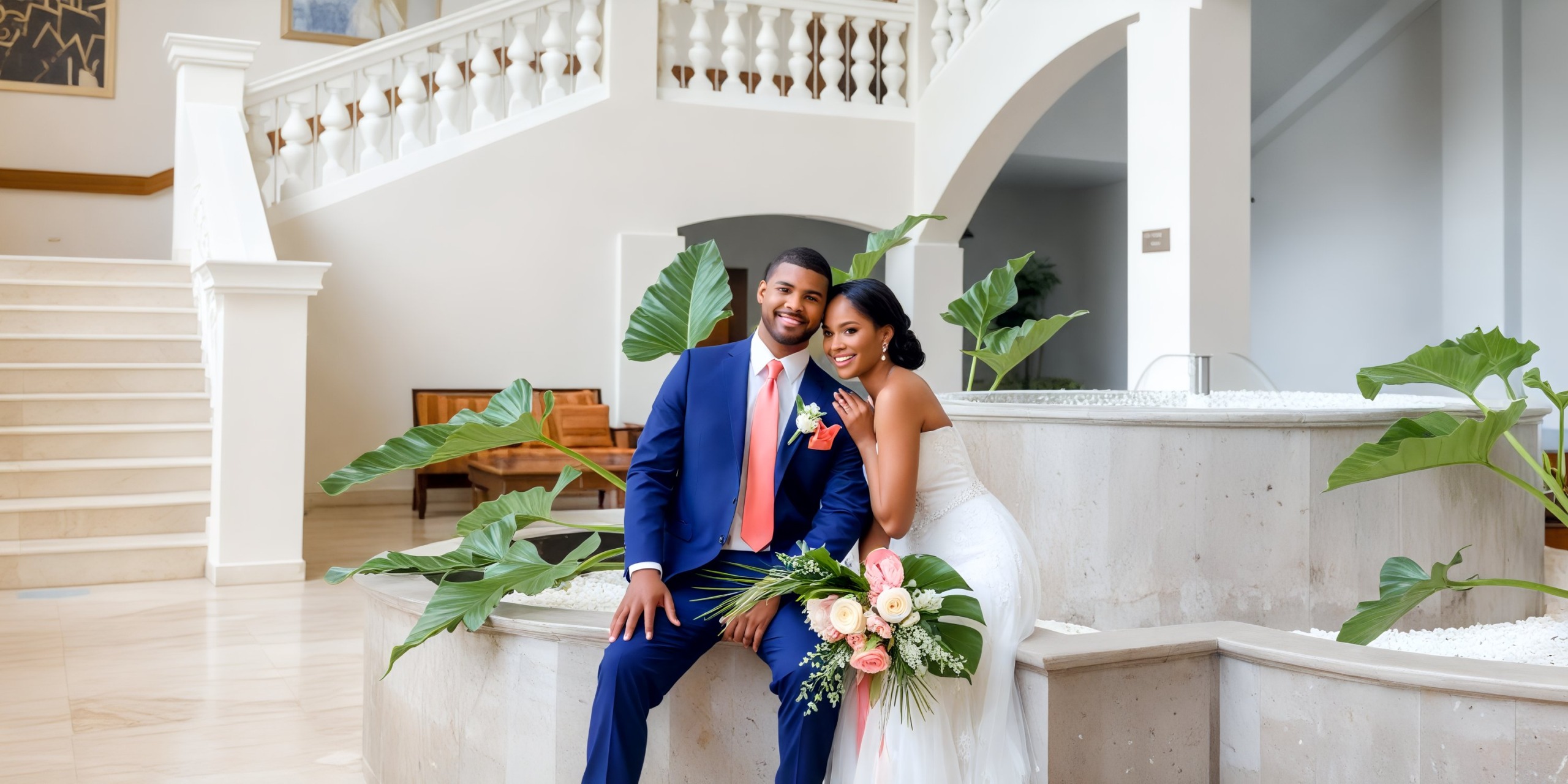 A couple dressed in wedding attire poses by the fountain surrounded by lush greenery at Iberostar Waves Rose Hall Beach, creating a picturesque scene for their destination wedding.