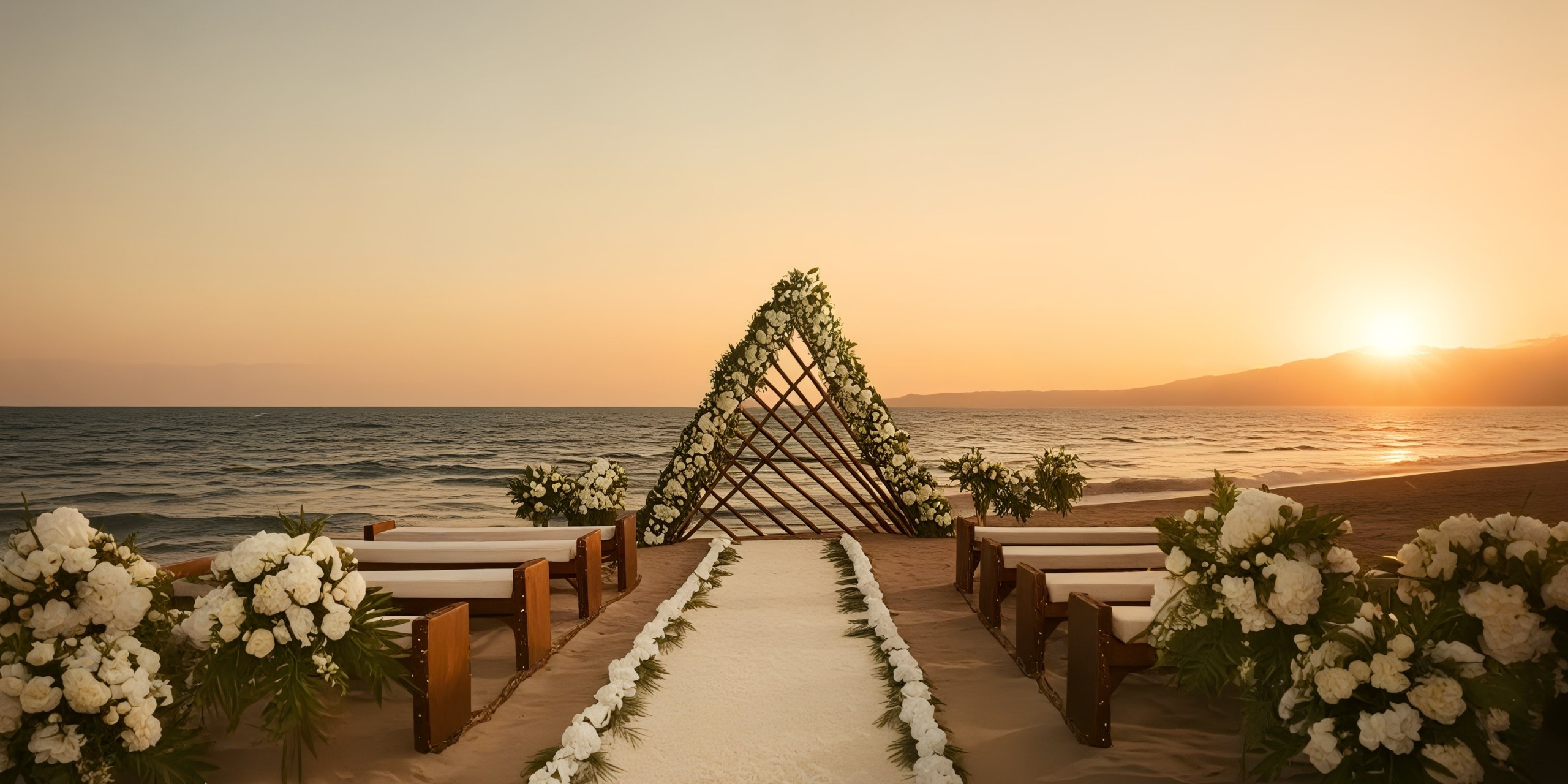 A beach wedding setup at sunset at Krystal Grand Nuevo Vallarta features a floral arch, a white aisle, and wooden benches adorned with white flowers, all positioned to face the ocean.