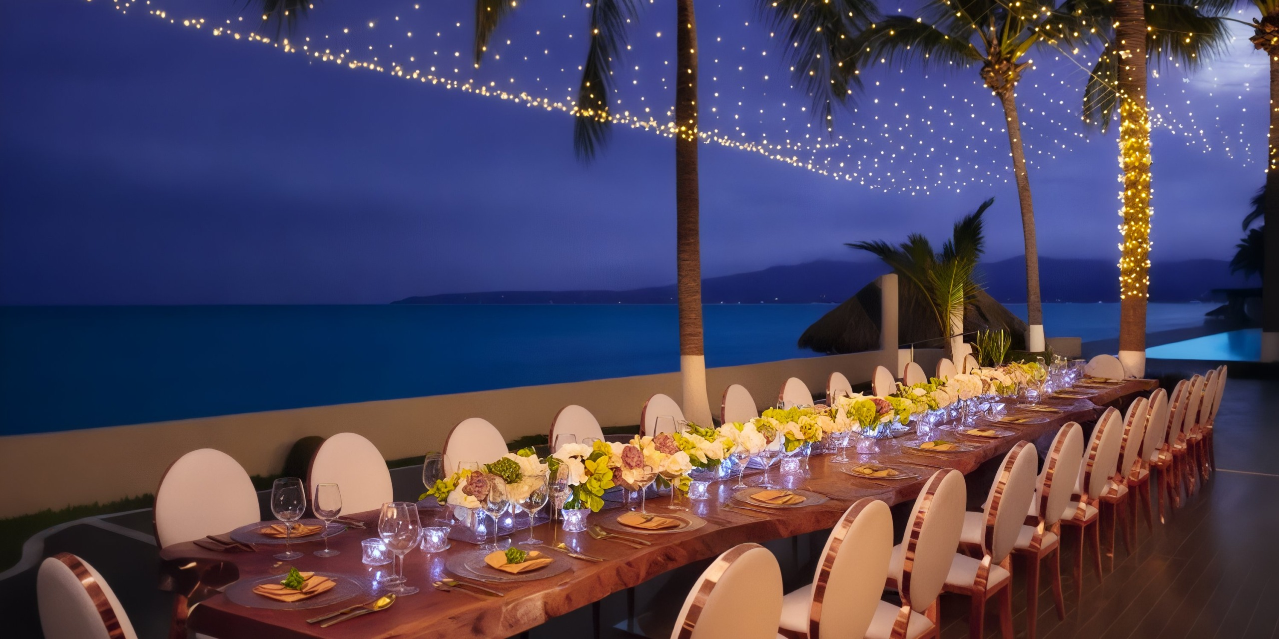 The Krystal Grand Nuevo Vallarta features an outdoor dining setup adorned with flowers and lights, overlooking a tranquil ocean at dusk.