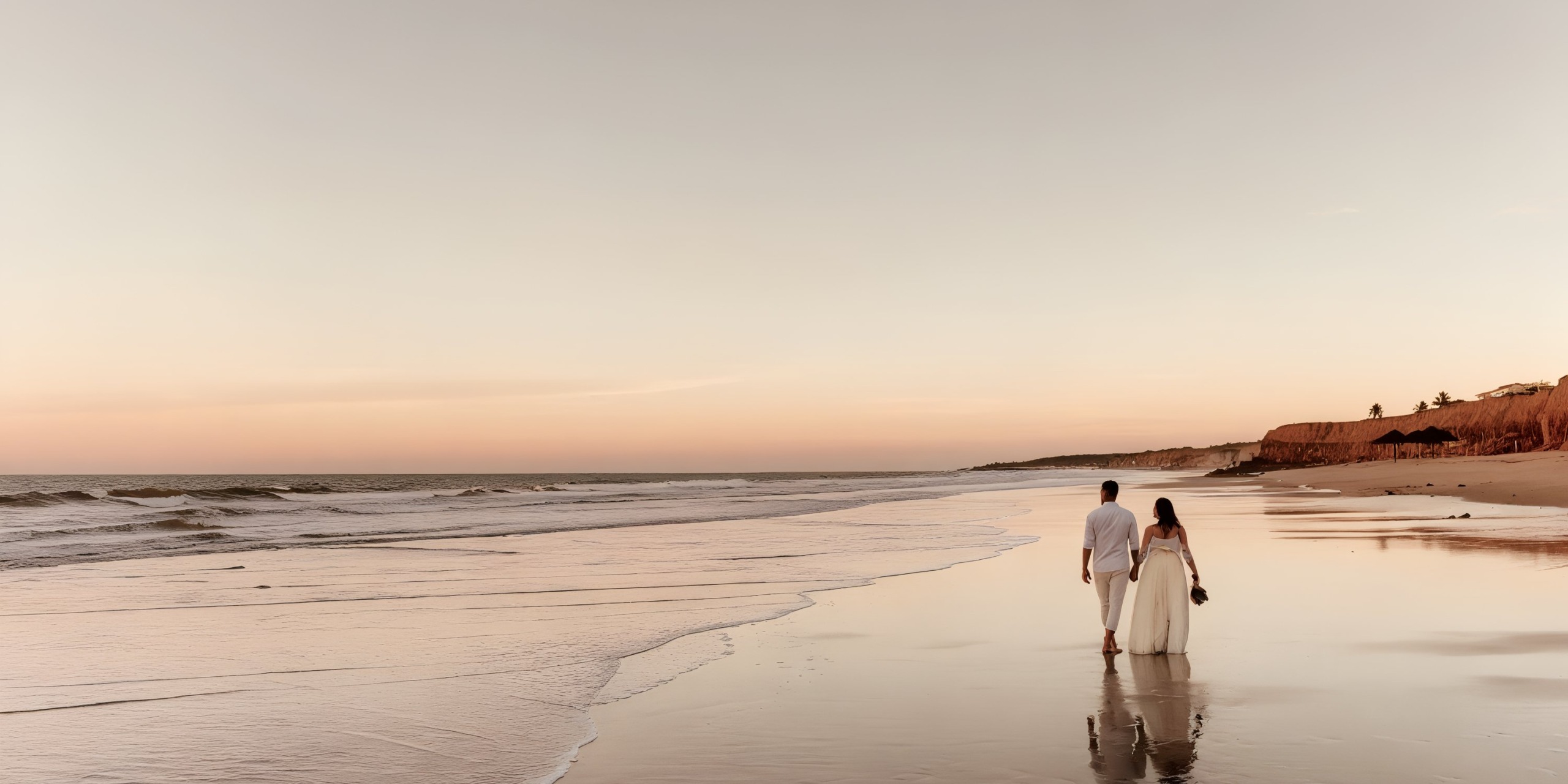 As the sun sets, a couple strolls along the beach at Krystal Grand Nuevo Vallarta, their reflections shimmering on the wet sand.