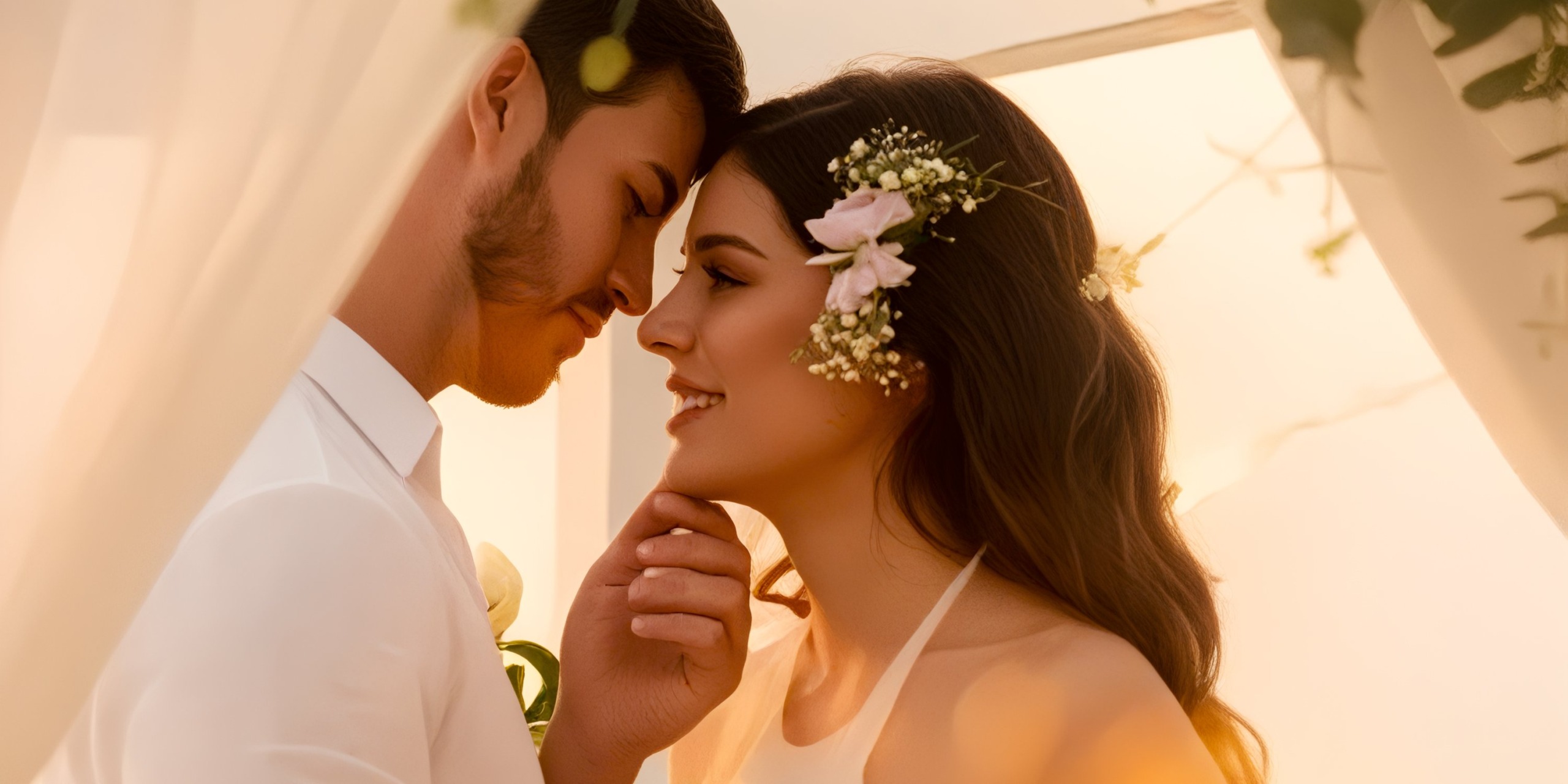 A couple in white attire share an intimate moment, standing close at the Krystal Grand Nuevo Vallarta. The woman has flowers in her hair, and they're surrounded by soft, light-colored drapes.
